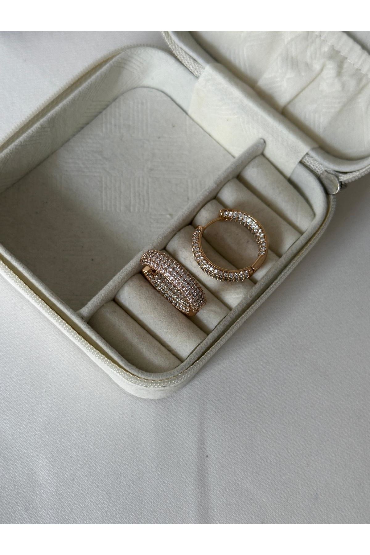 18K Rose Gold Renkli Halka İçi Dışı Full Montür Taşlı Dolum Küpe