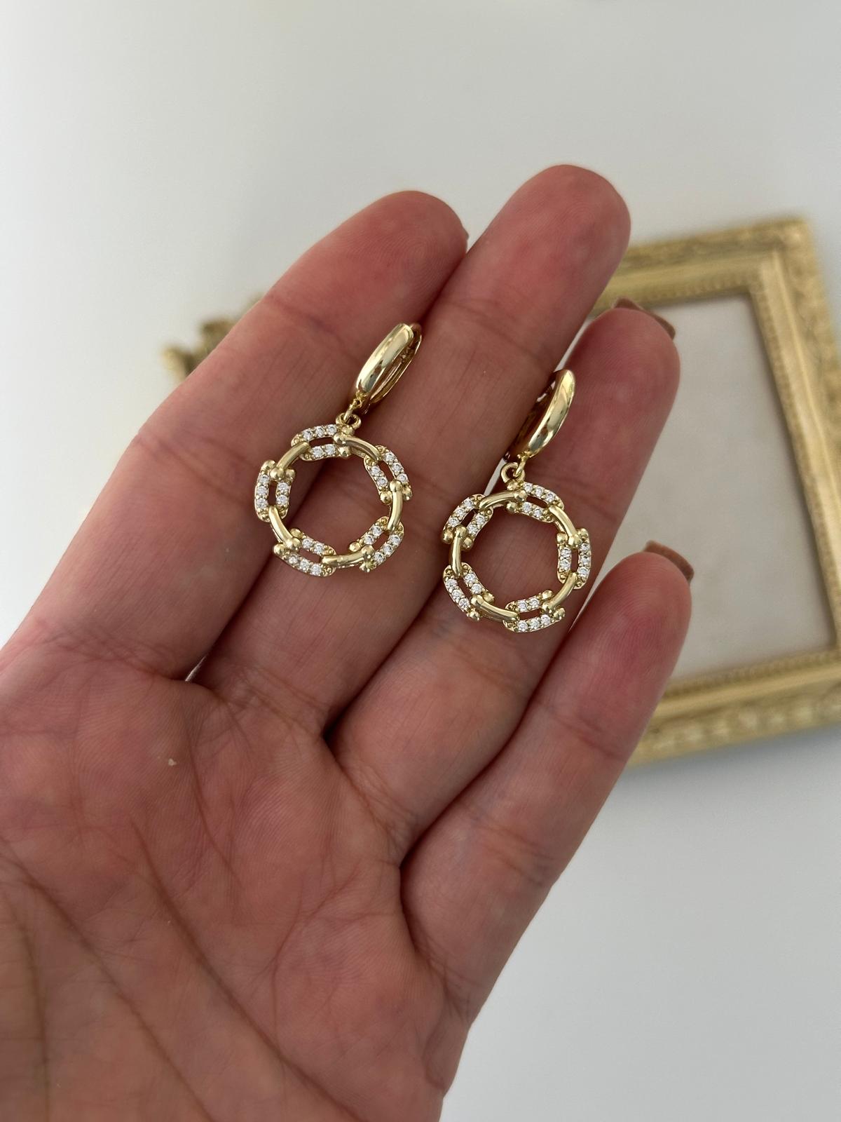 14K Gold Renkli İkili Halka Zincir Örme Taşlı  Küpe