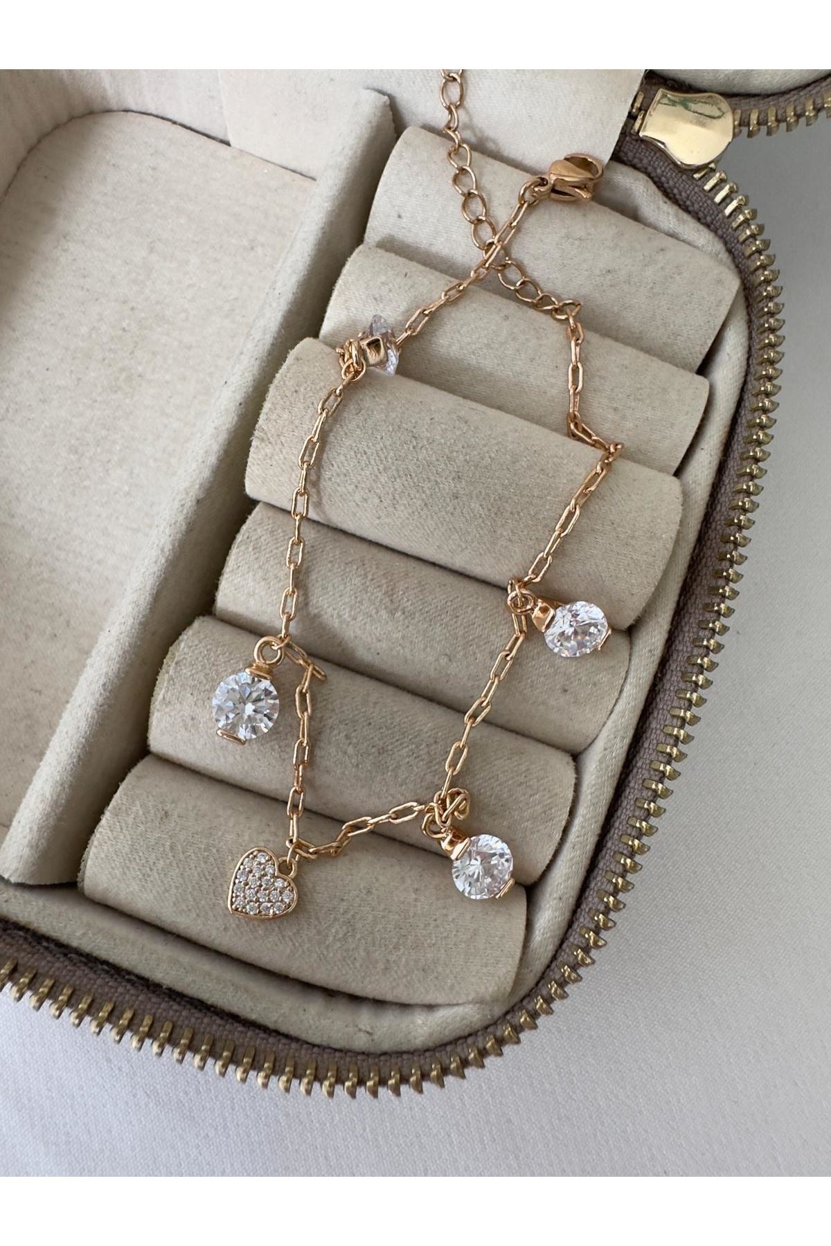 18K Rose Gold Renkli Kalp Taş Detaylı Halhal