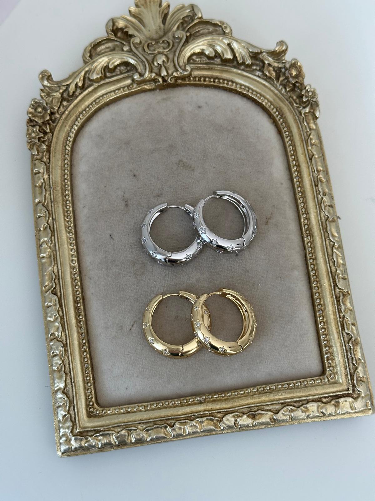 Gold Gümüş Dolum Yıldız Figürlü Taşlı Halka Küpe