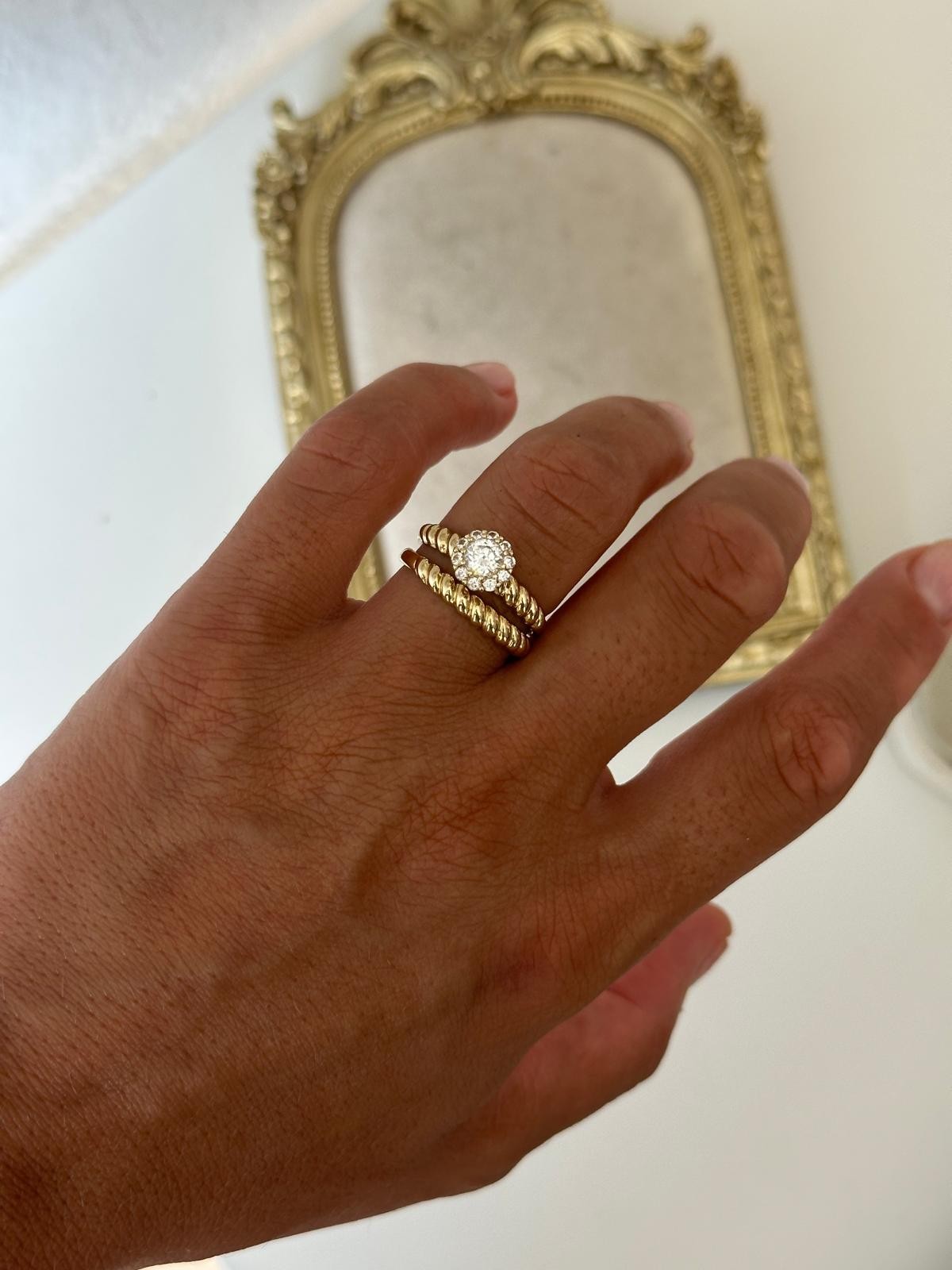 14K Gold Renkli İkili Burgu Desen İri Tek Taş Yüzük