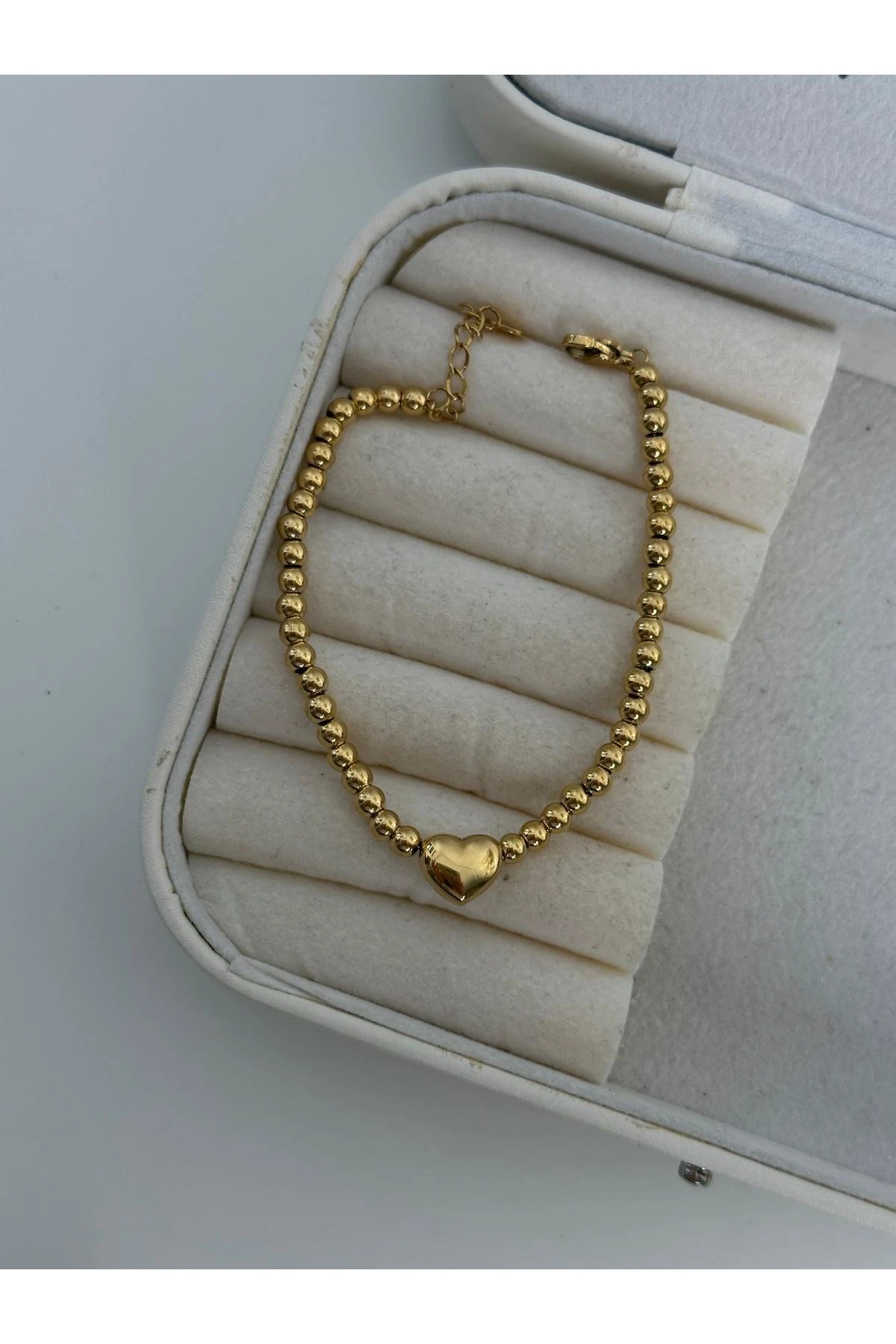 14K Gold Renkli  Dorika Topçuklu Ortası Dolum Kalp Bileklik