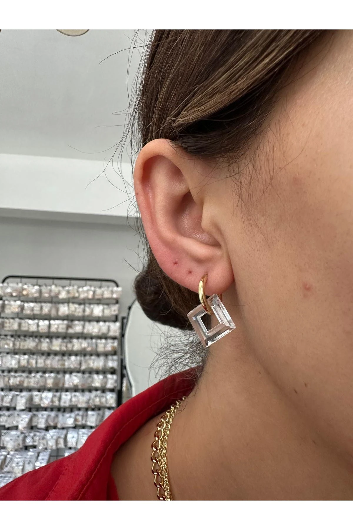 14K Gold Renkli  Halka Beyaz Mineli Küpe