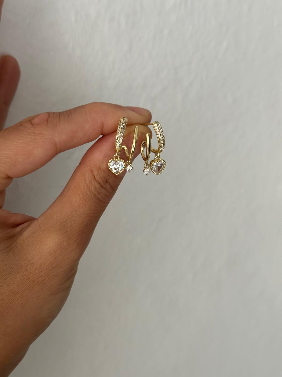 14K Gold Renkli İkili Kalp Taşlı Küpe