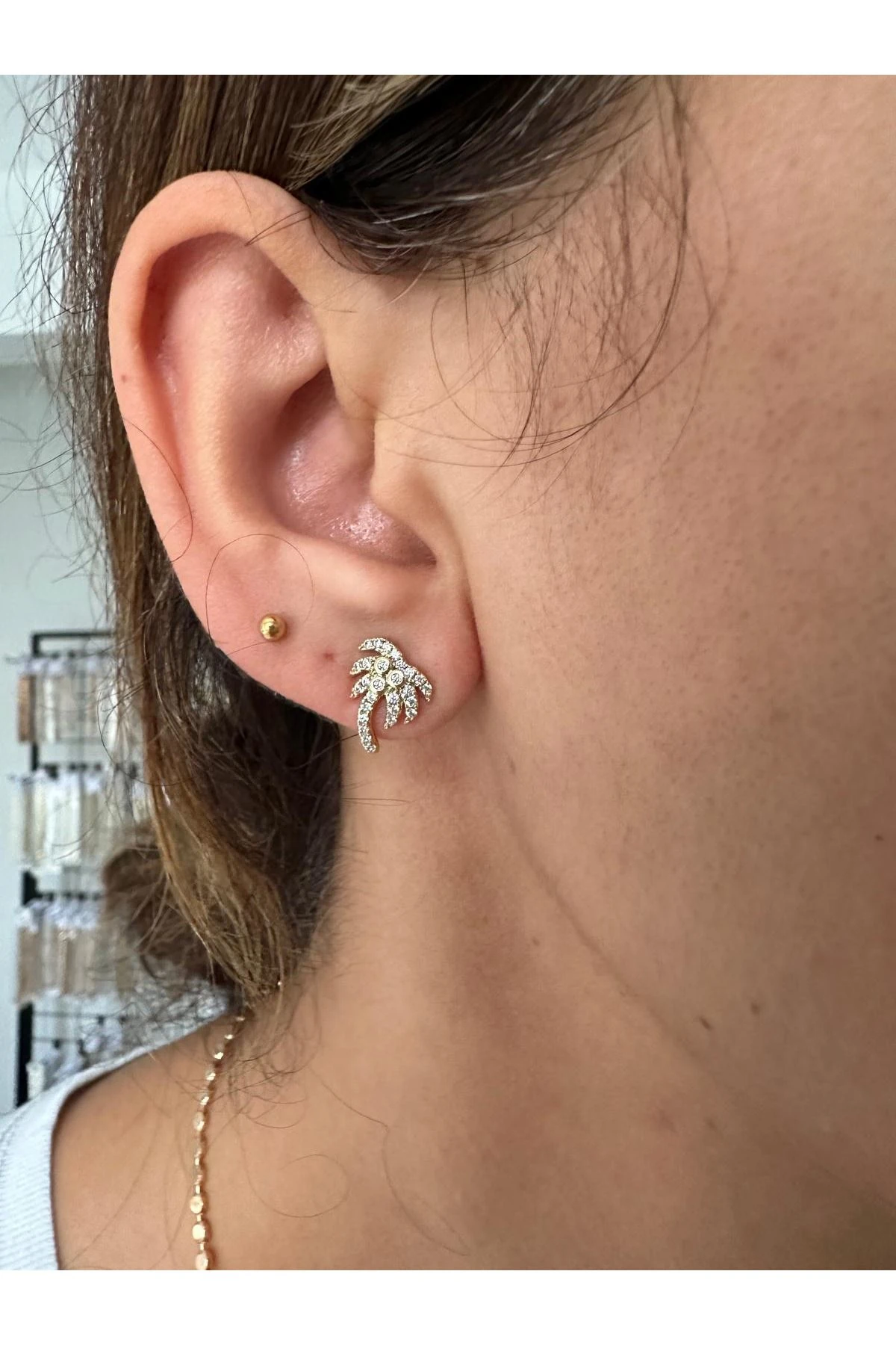 14K Gold Renkli  Palmiye Minimal Taşlı Küpe