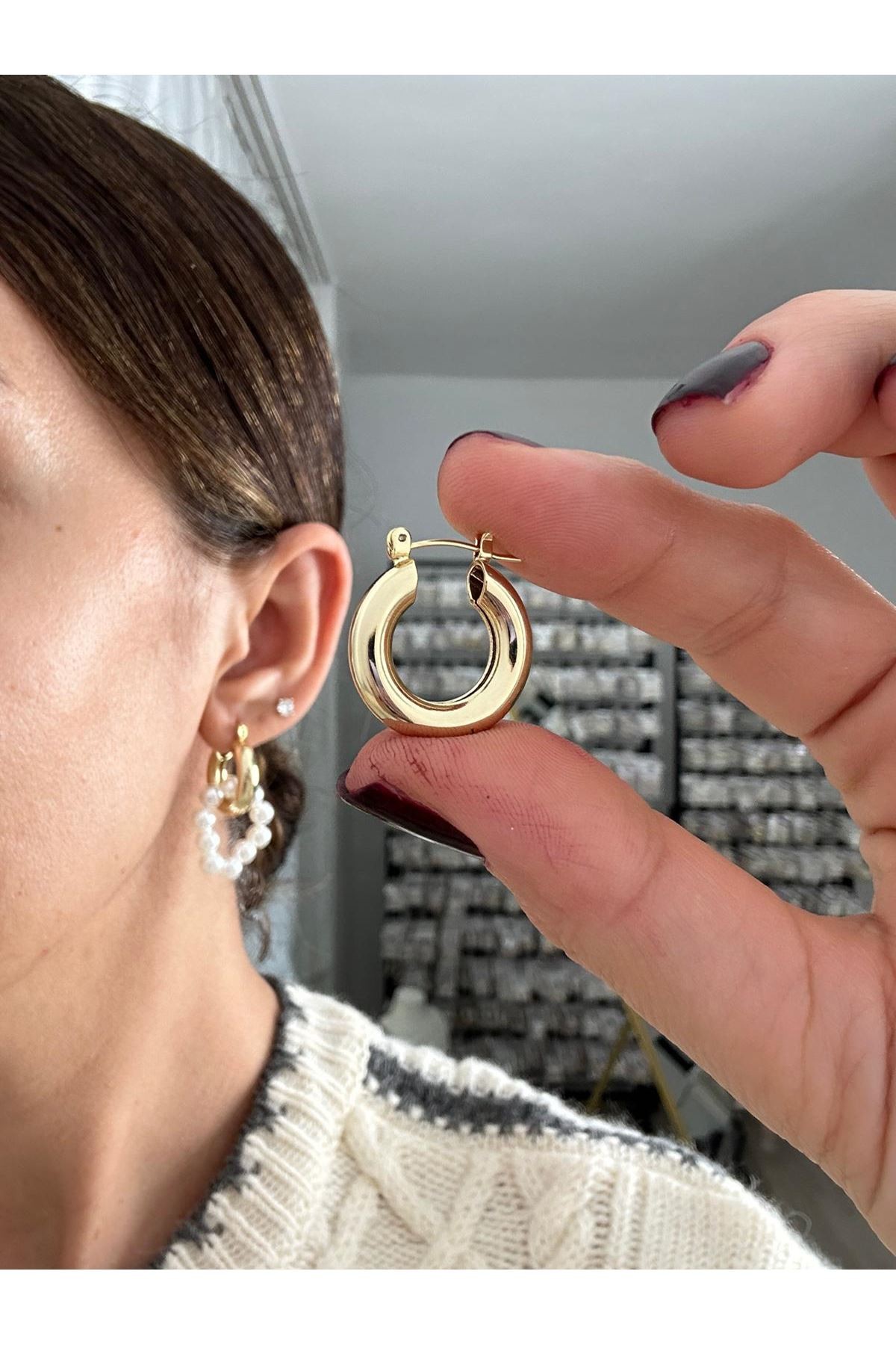 14K Gold Renkli  Bomb Halka Sıra İncili İki Kullanımlı Halka Küpe