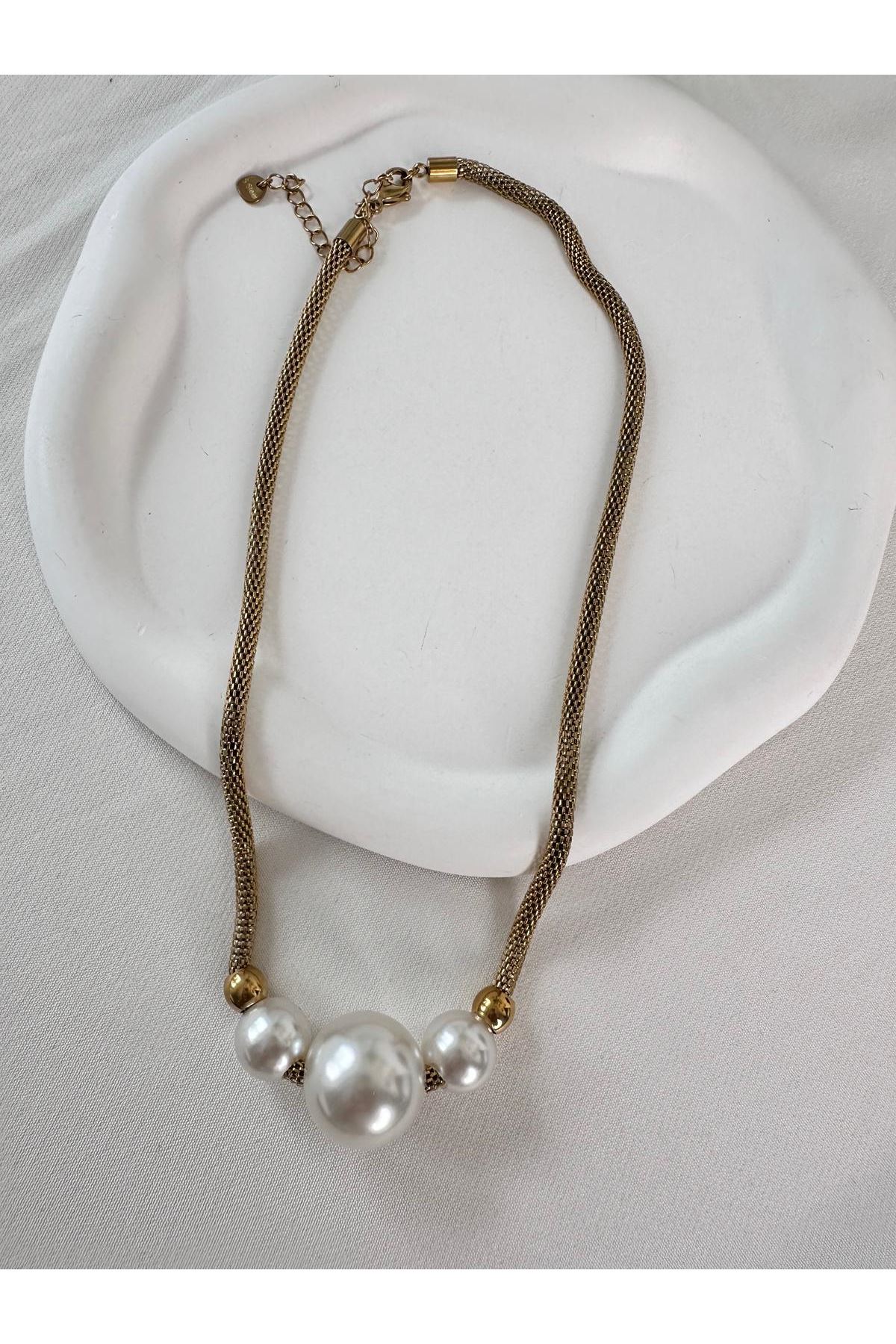 18K Rose Gold Renkli Çelik Top İnci Detaylı Zincir Kolye