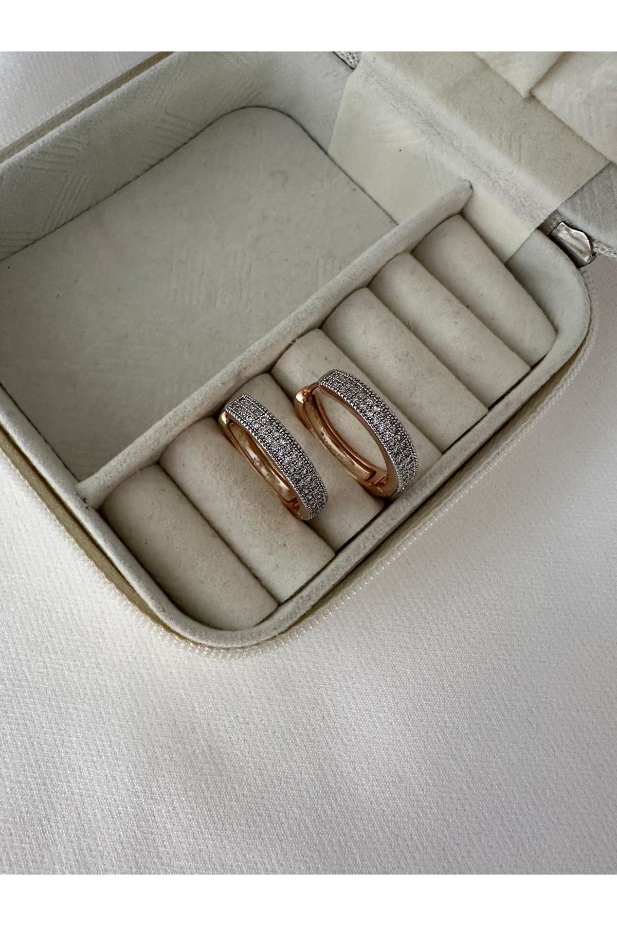 18K Rose Gold Renkli Gümüş Renkli Taşlı Halka Kristal Montür Taşlı Küpe