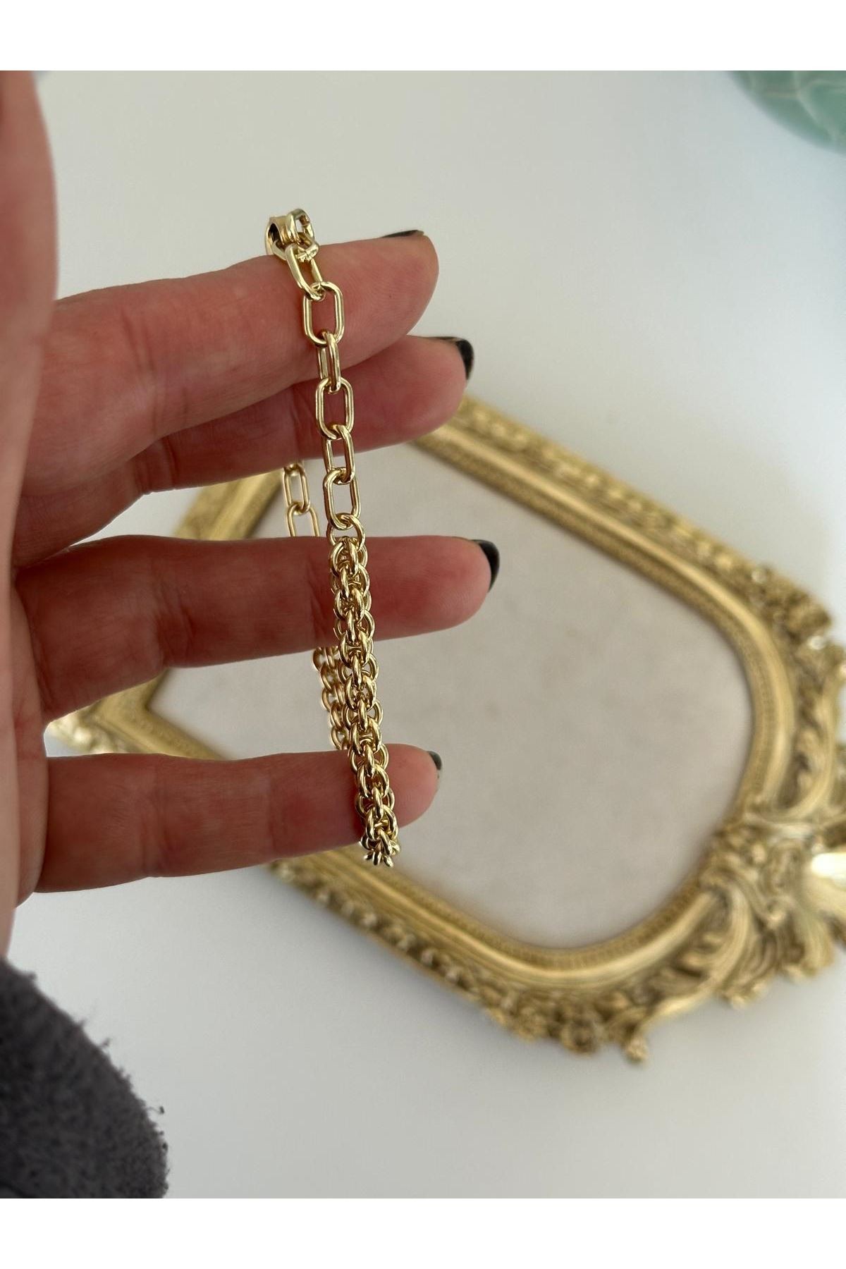 14K Gold Renkli Örme Zincir Detaylı Kuyum Model Bileklik