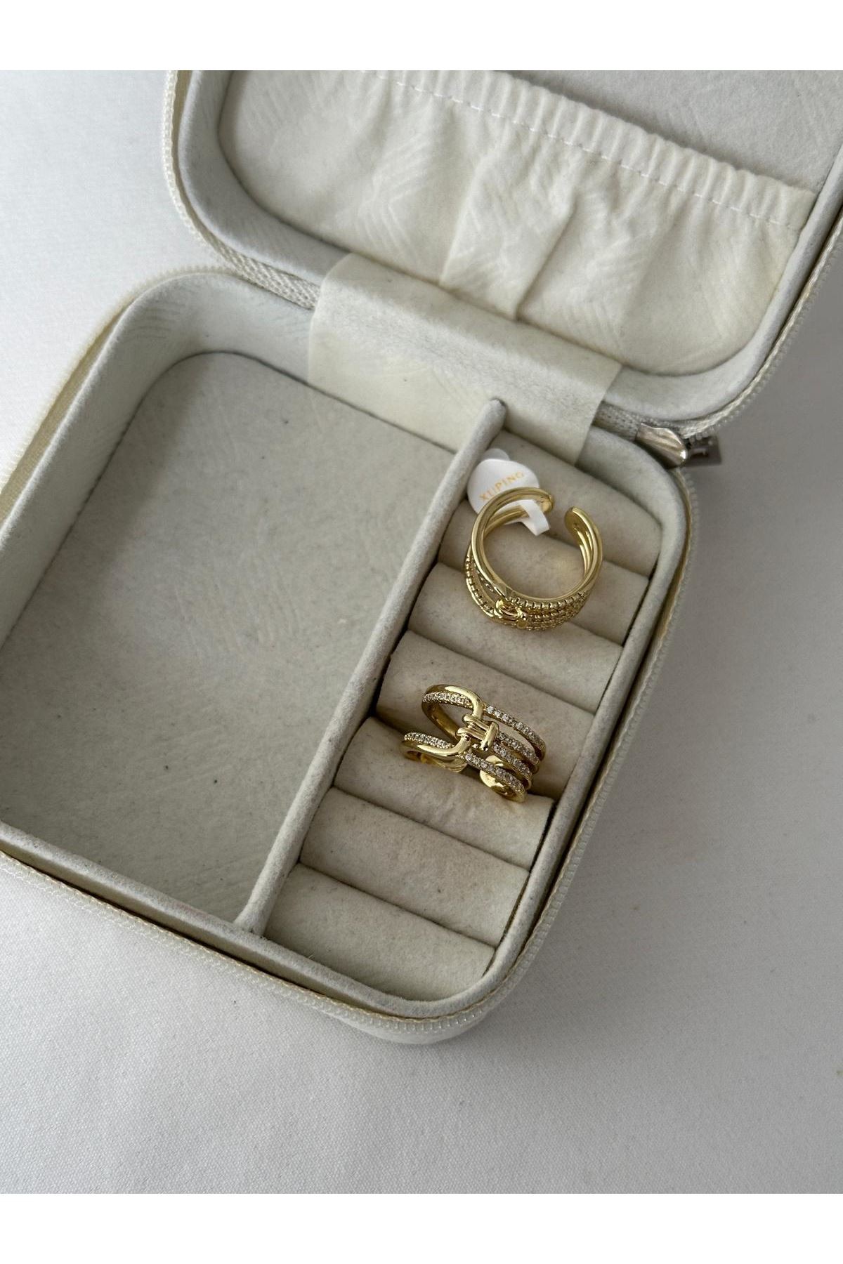 14K Gold Renkli  Ayarlanabilir Full Şerit Taşlı Yüzük 6/7 No