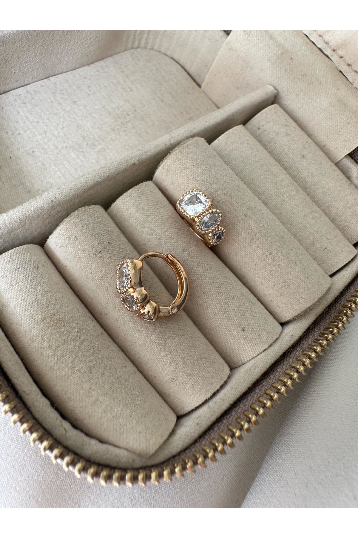 18K Rose Gold Renkli Halka Taşlı Üç Formlu Küçük Boy Küpe