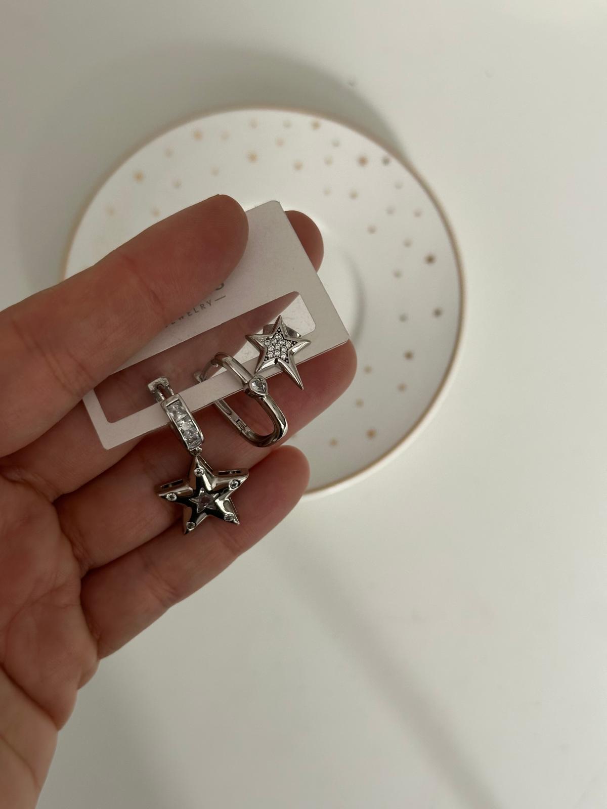 14K Gold Renkli Gümüş Üçlü Yıldız Figürlü Set Küpe