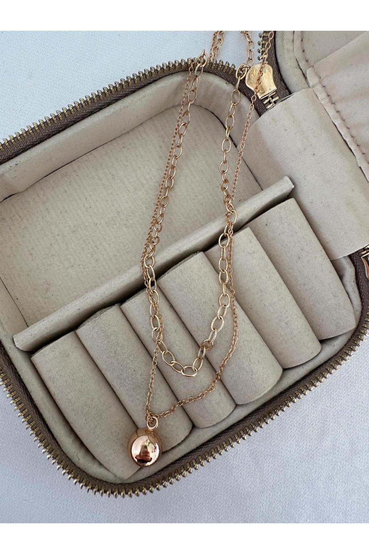 18K Rose Gold Renkli Topçuklu İki Zincirli Kolye