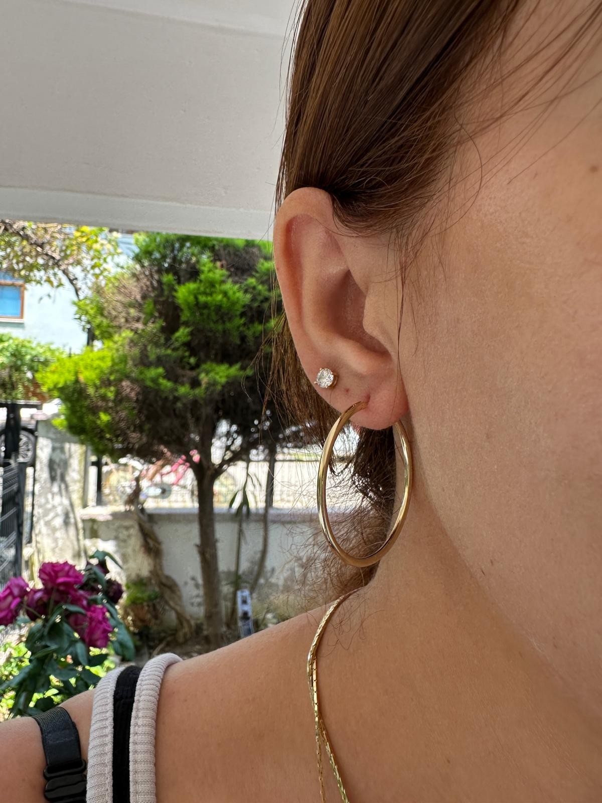 14K Gizli Kilit Basıc Büyük Boy Halka Küpe