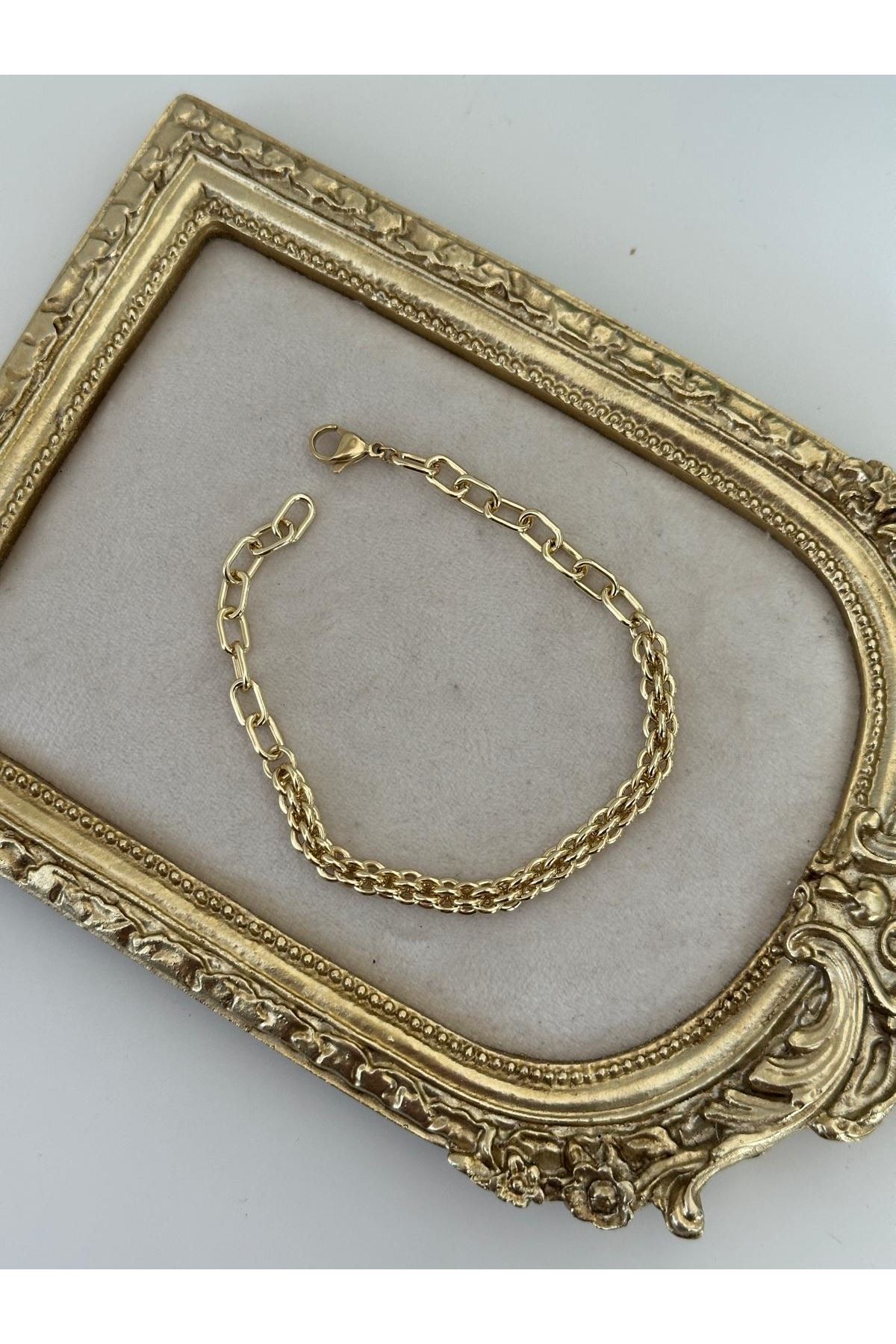 14K Gold Renkli Örme Zincir Detaylı Kuyum Model Bileklik