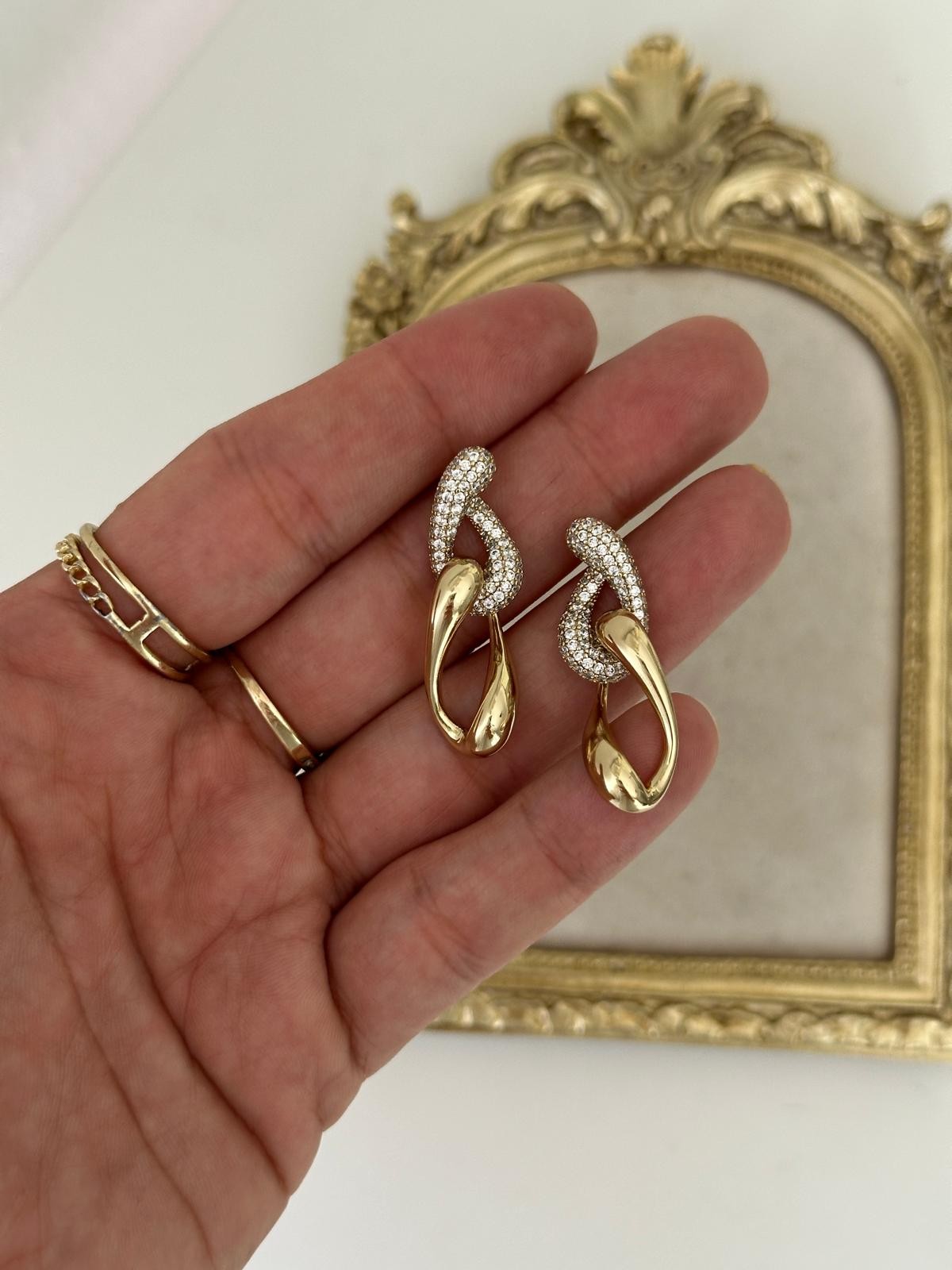 14K Gold Renkli Dolama Zincir Taşlı Kuyum Model Küpe