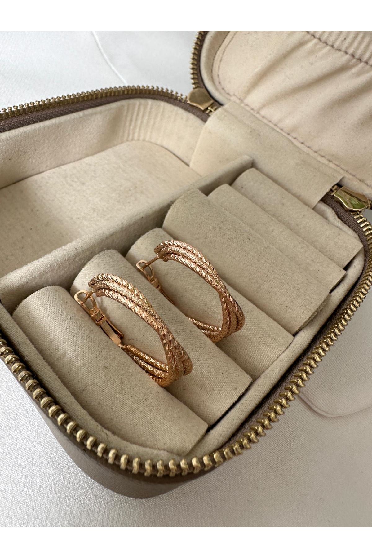 18K Rose Gold Renkli Üçlü Dolama Halka Küpe