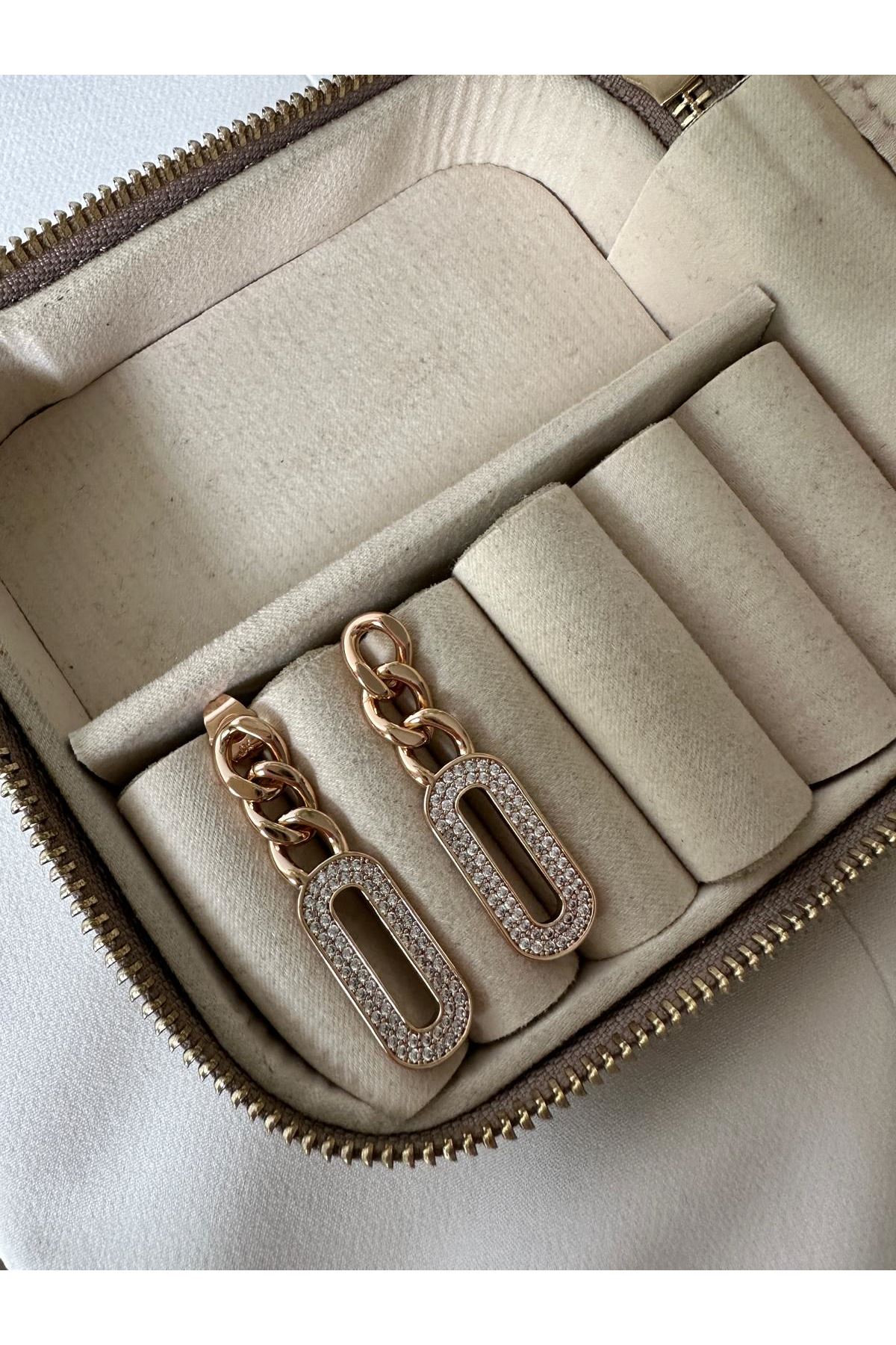 18K Rose Gold Renkli Zincir Model Oval Taşlı Küpe