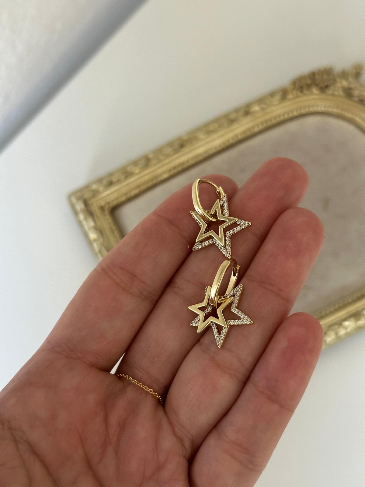 14K Gold Renkli Oval Kesim Çift Yıldızlı Küpe