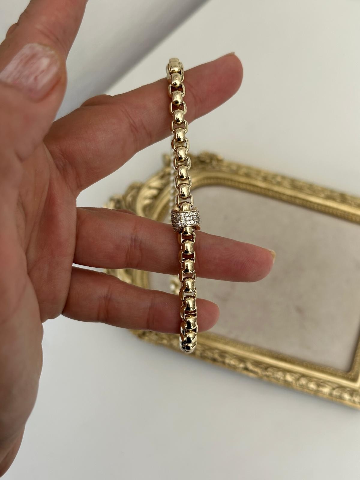 14K Gold Renkli Arnavut Zincir Ortası Silindir Topçuklu Kolye