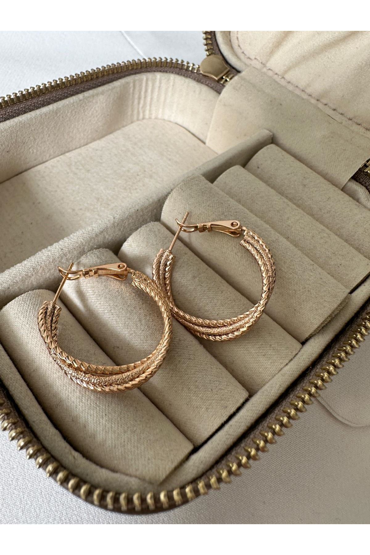 18K Rose Gold Renkli Üçlü Dolama Halka Küpe