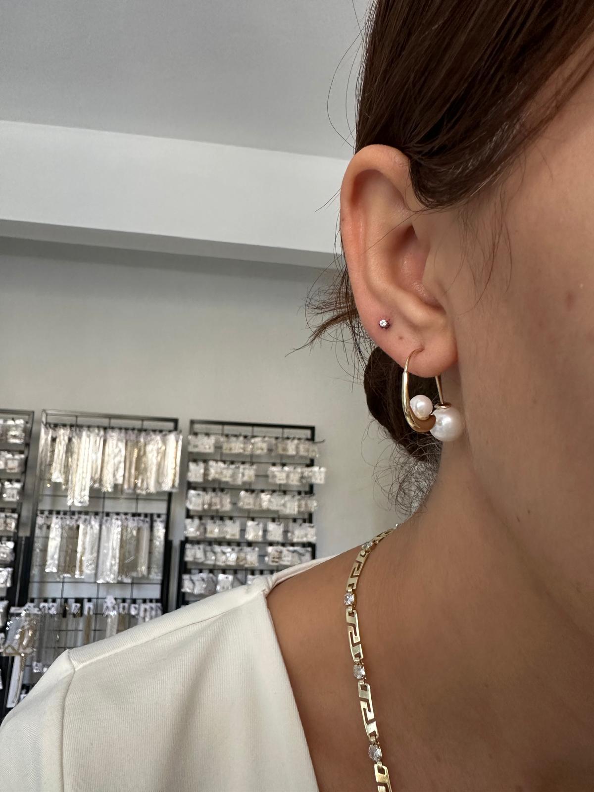 14K Gold Renkli Tasarım Çengel  Top İncili Küpe