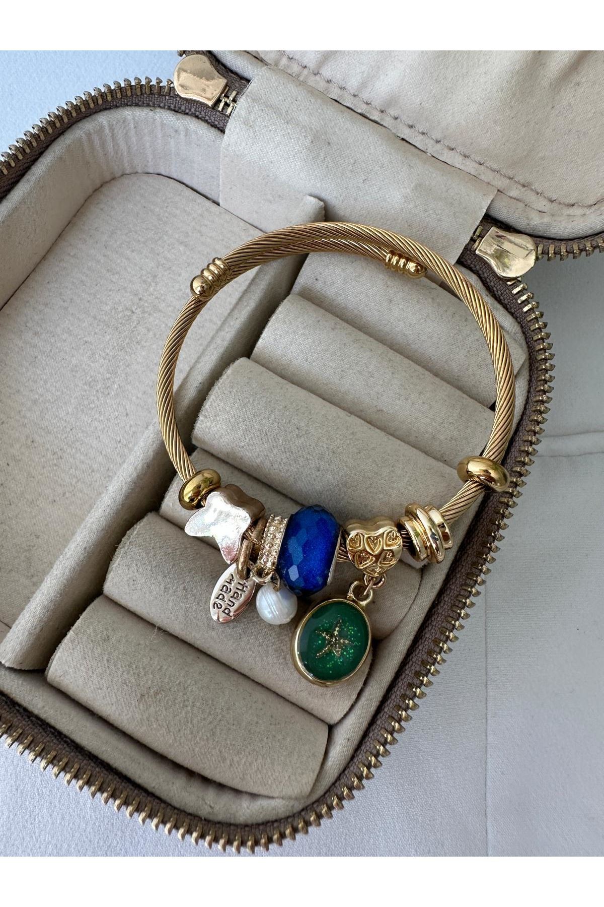 18K Rose Gold Renkli Yeşil Deniz Yıldızı Charmlı Mavi Oval Toplu Bol Charmlı Pandora Bileklik