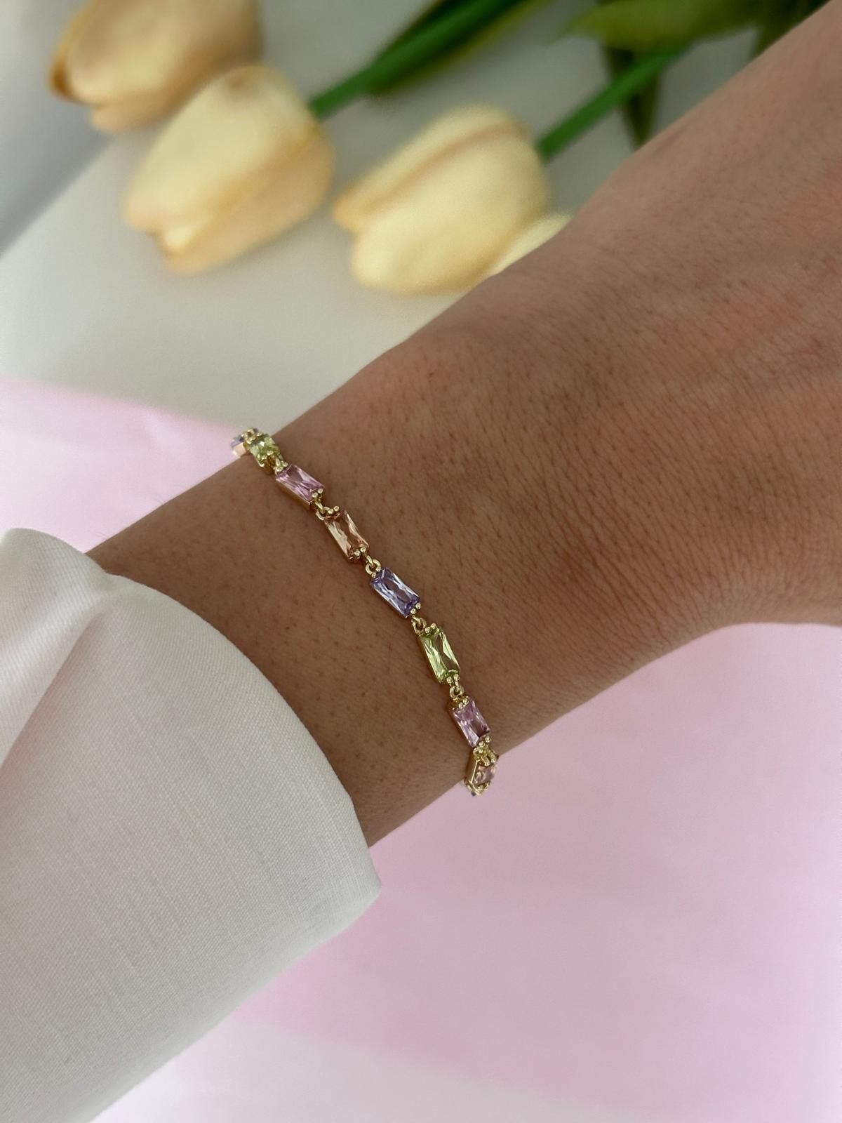14K Gold Renkli Rengarek Baget Dikdörtgen Minimal Taşlı Bileklik