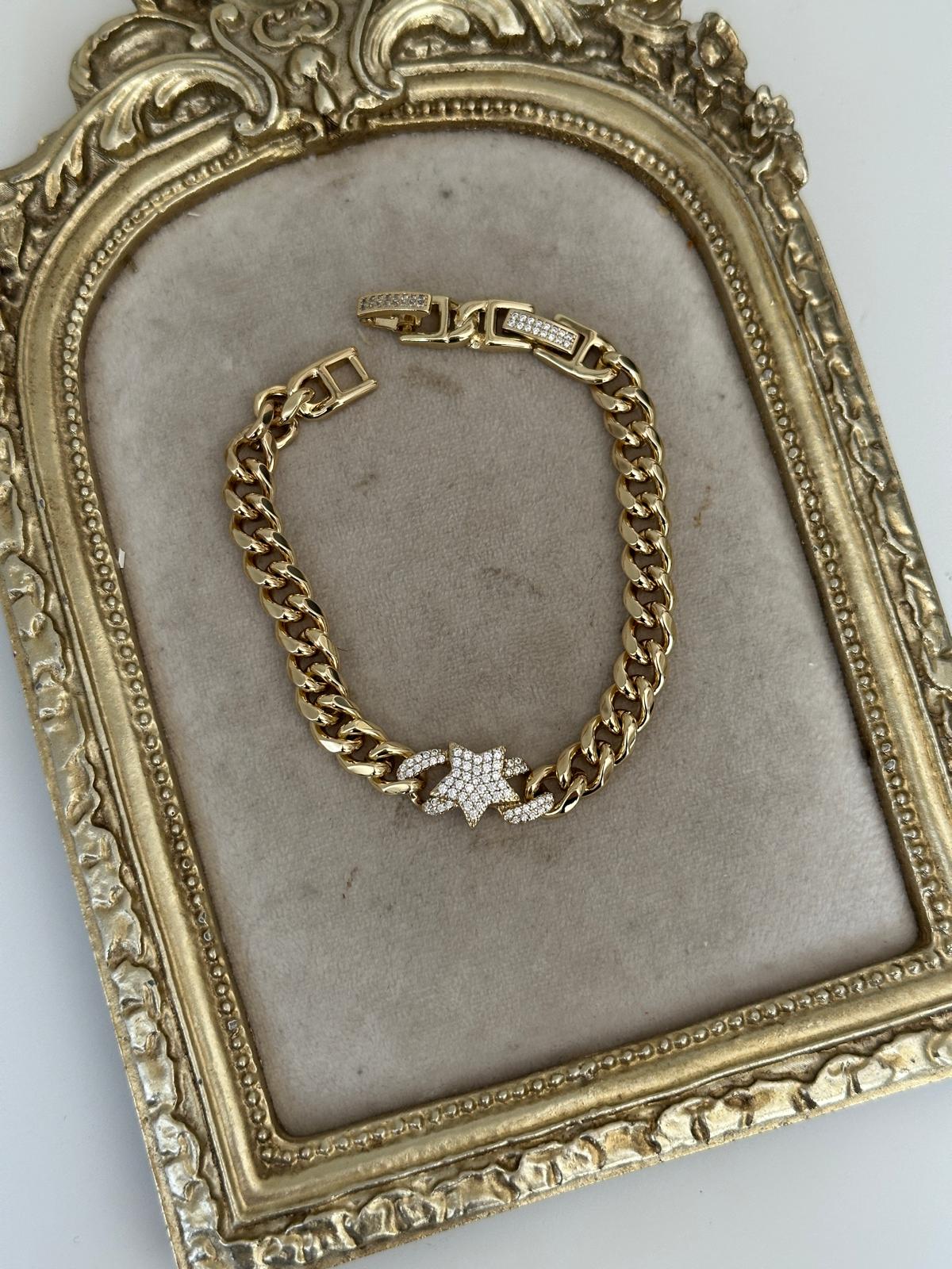 14K Gold Renkli Gurmet Zincir Ortası Yıldız Taşlı Bileklik
