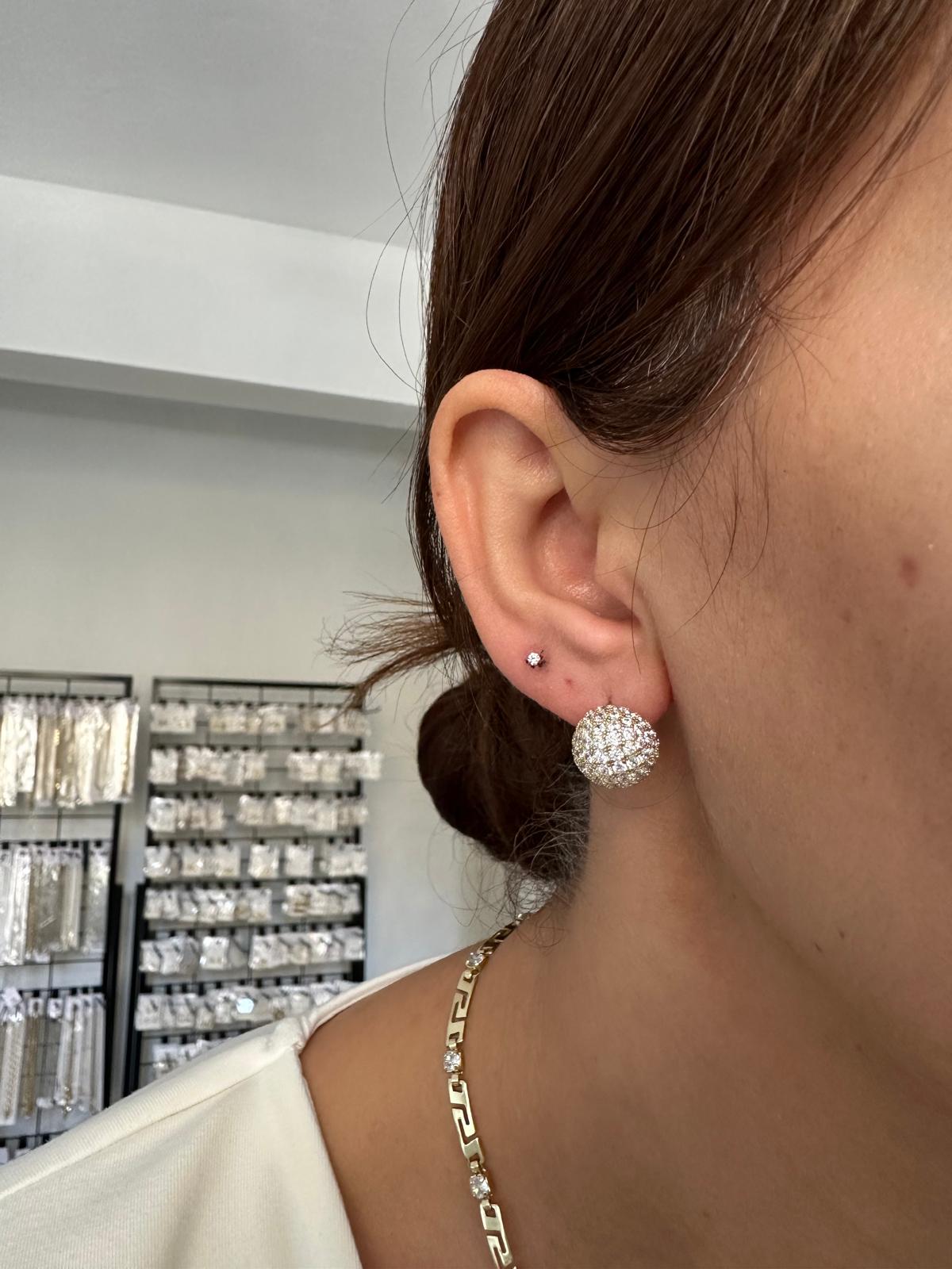 14K Gold Renkli Montür Full Taşlı Top Kesim Küpe