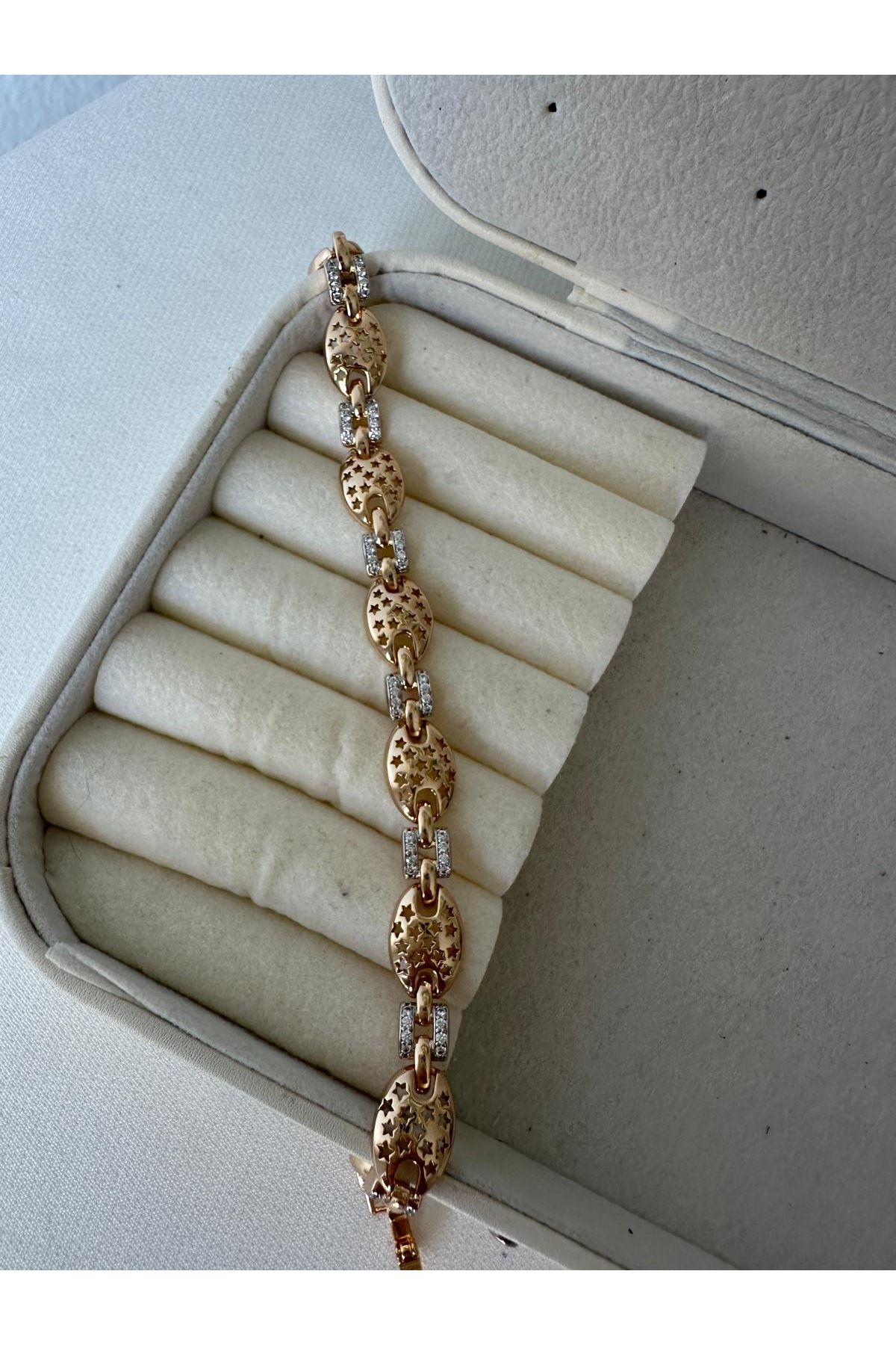 18K Rose Gold Renkli Oval Yıldız Kesimli Mix Beyaz Taşlı Bileklik