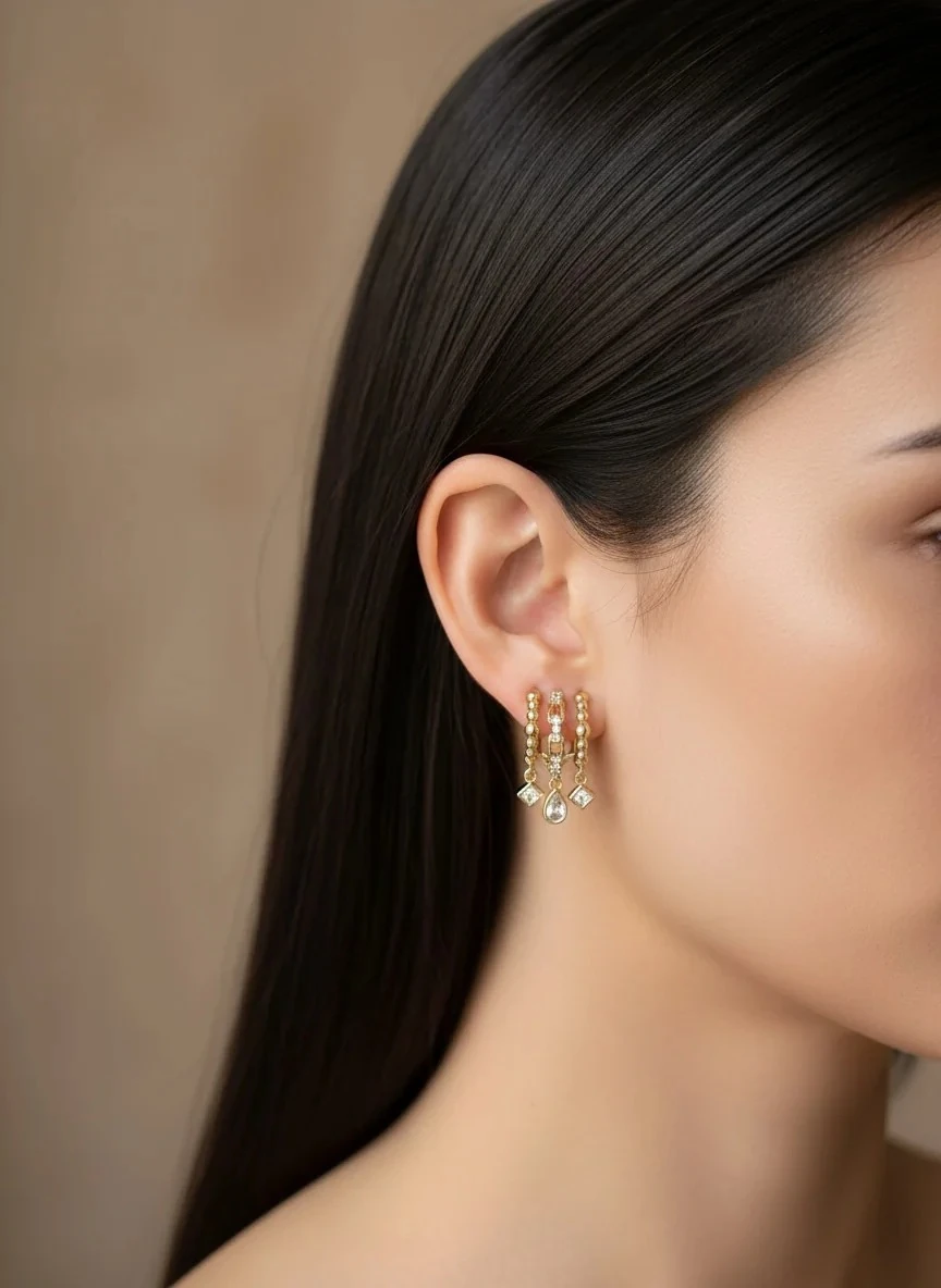 14K Gold Renkli Çoklu Görünüm Üçlü Geometrik Taşlı Küpe