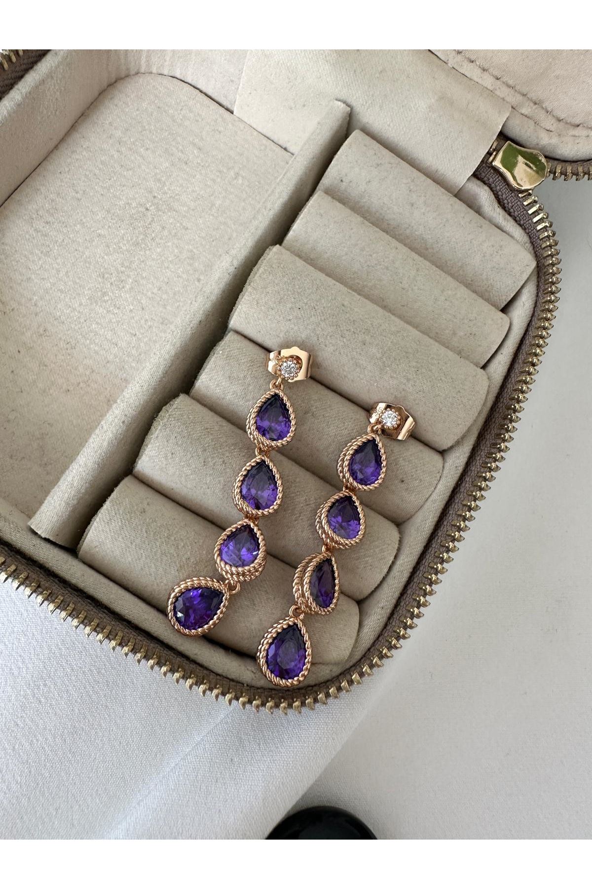 18K Rose Gold Renkli Sarkıt Mor Elmas Taşlı Küpe