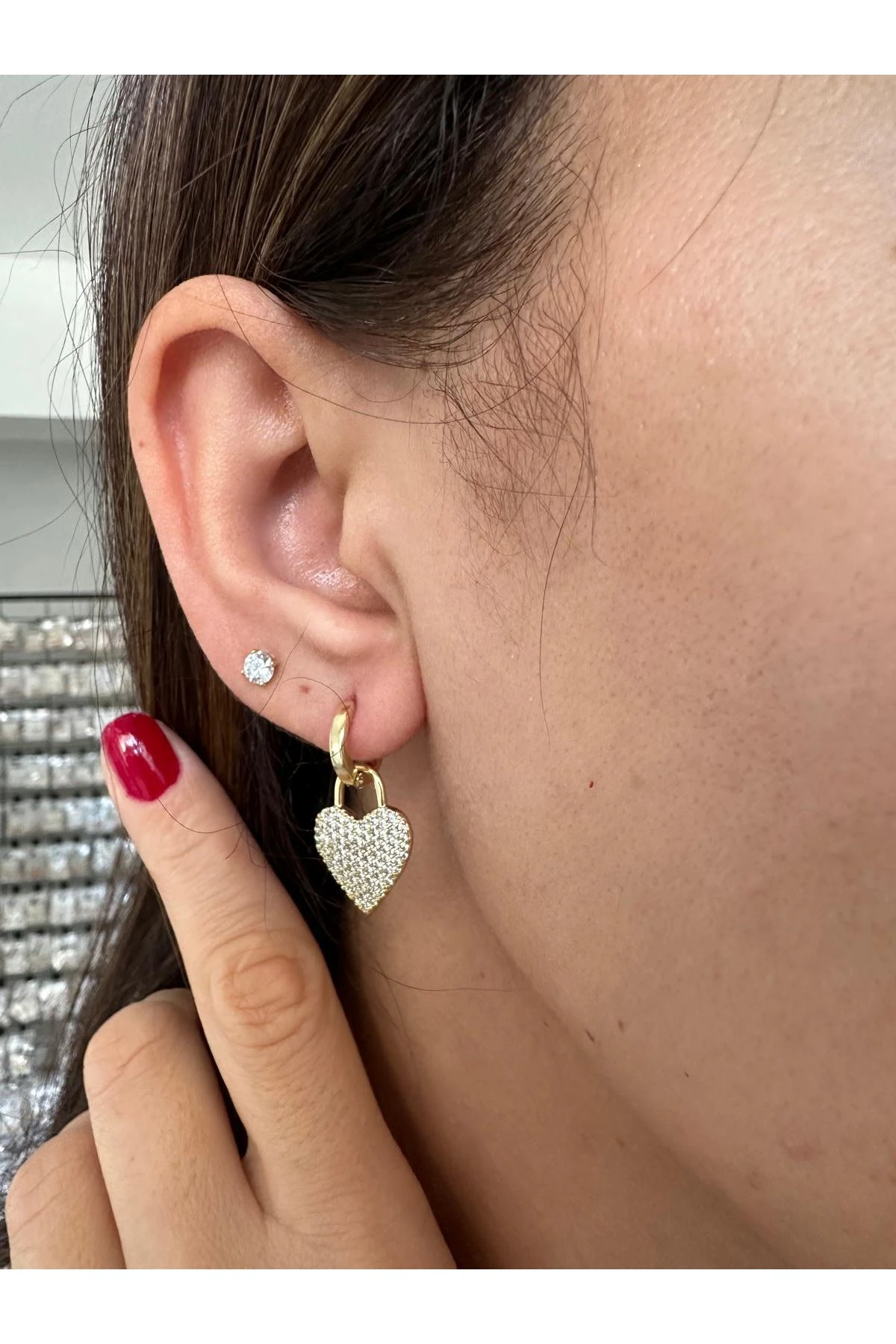 14K Gold Renkli  Kalp İki Kullanımlı Halka Plaka Küpe