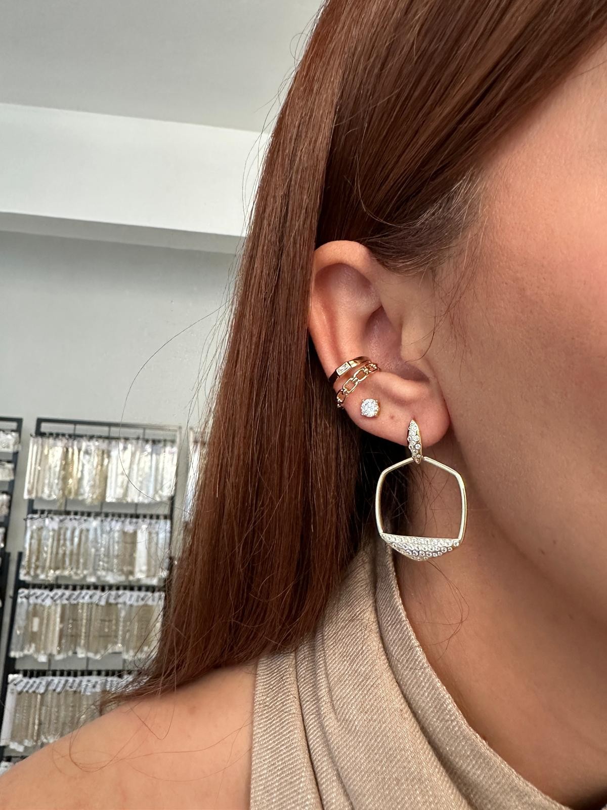 14K Gold Beşgen Taşlı Küpe