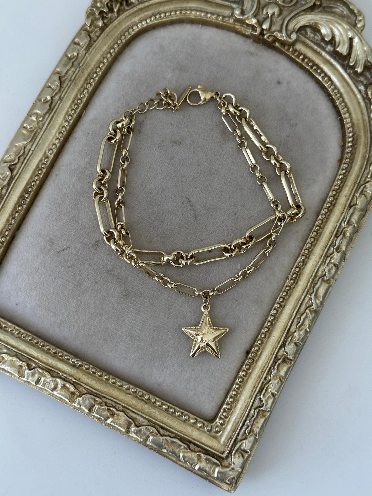 14K Gold Renkli İkili Ataç Zincir Yıldız Charmlı Bileklik