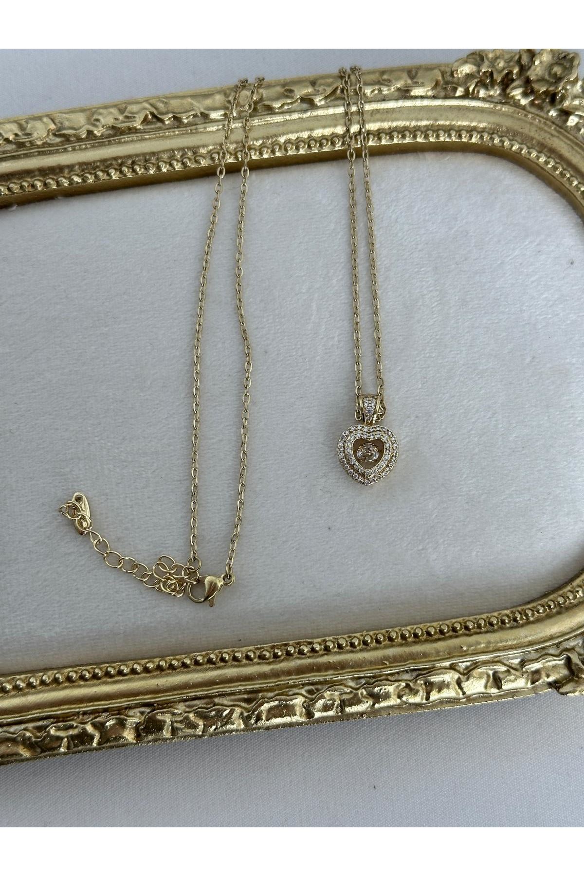 14K Gold Renkli  Kalp İçi Oynar Taşlı Kolye