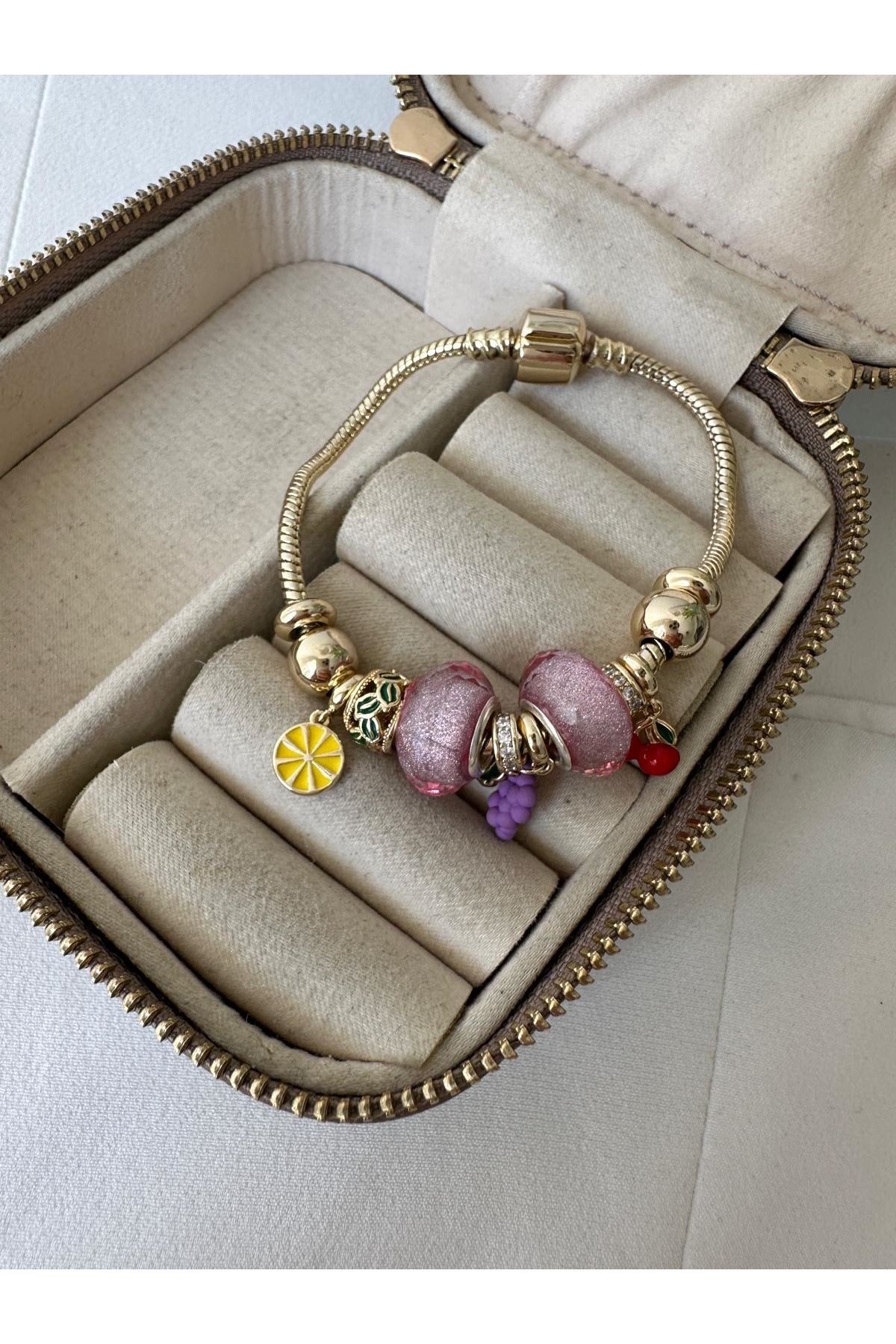 18K Rose Gold Renkli Mor Oval Topçuklu Bol Charmlı Pandora Bileklik