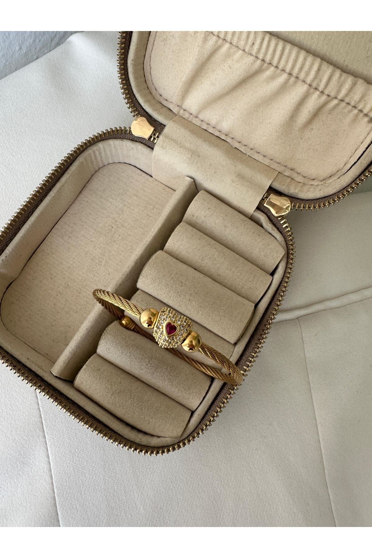 18K Rose Gold Renkli Dolama Kırmızı Kalp Charmlı Pandora Bileklik