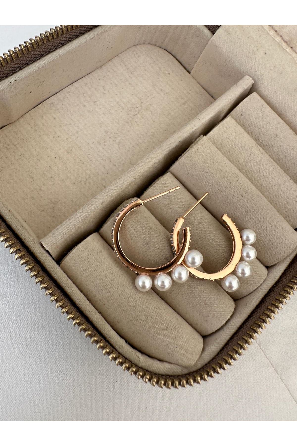 18K Rose Gold Renkli Top İnci Halka Sıra Taşlı Küpe