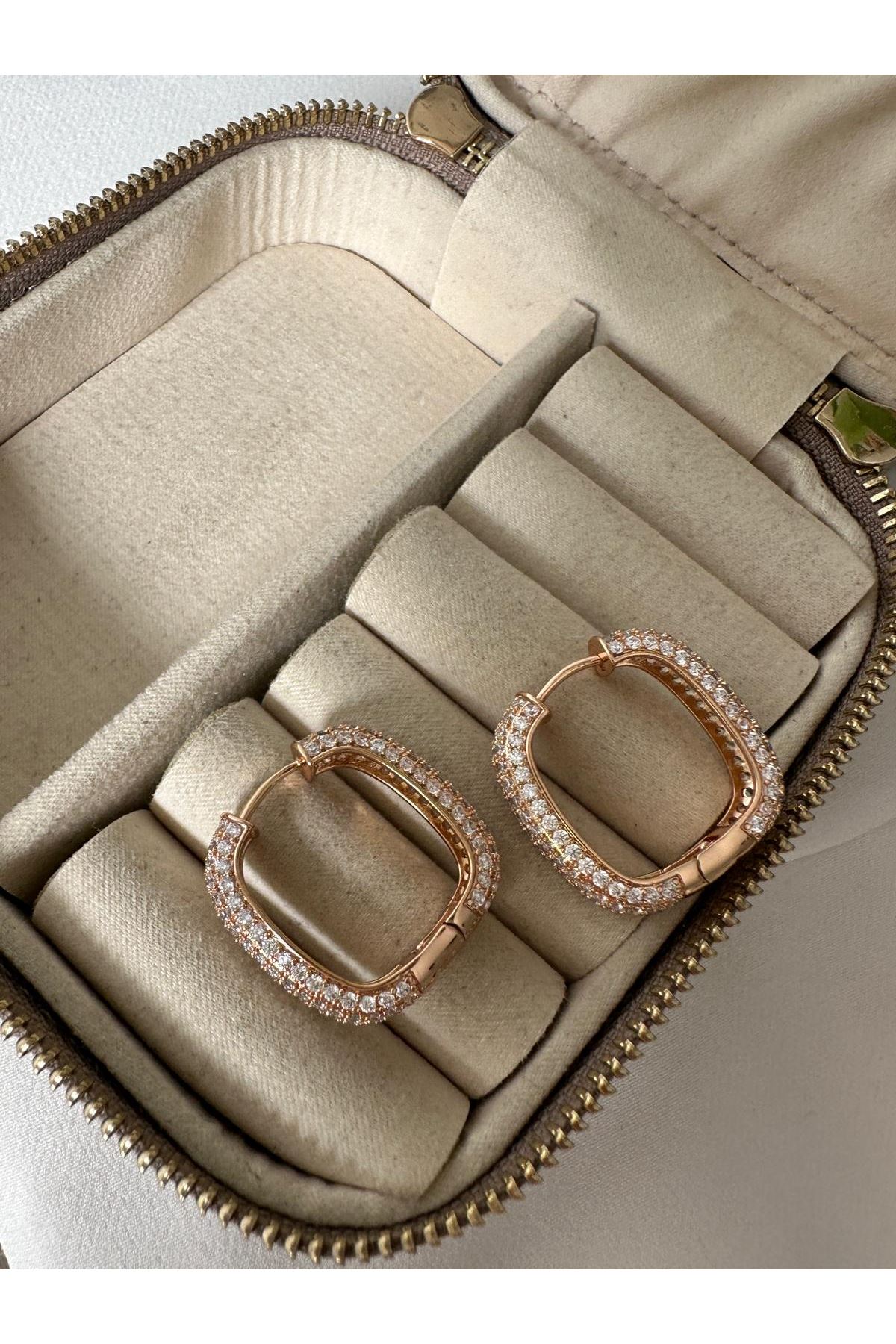 18K Rose Gold Renkli Kare Kalın Dolum Önü Arkası Full Taşlı Küpe