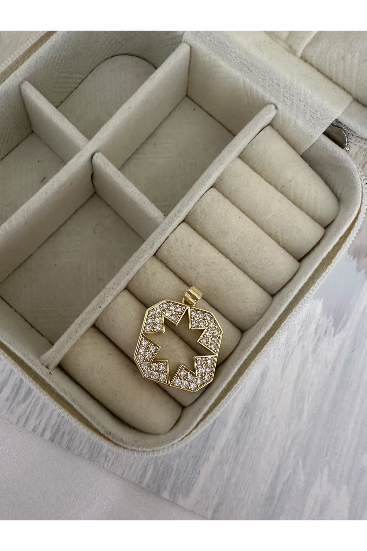 14K Gold Renkli  Kare İçi Yıldız Taşlı Kolye Ucu