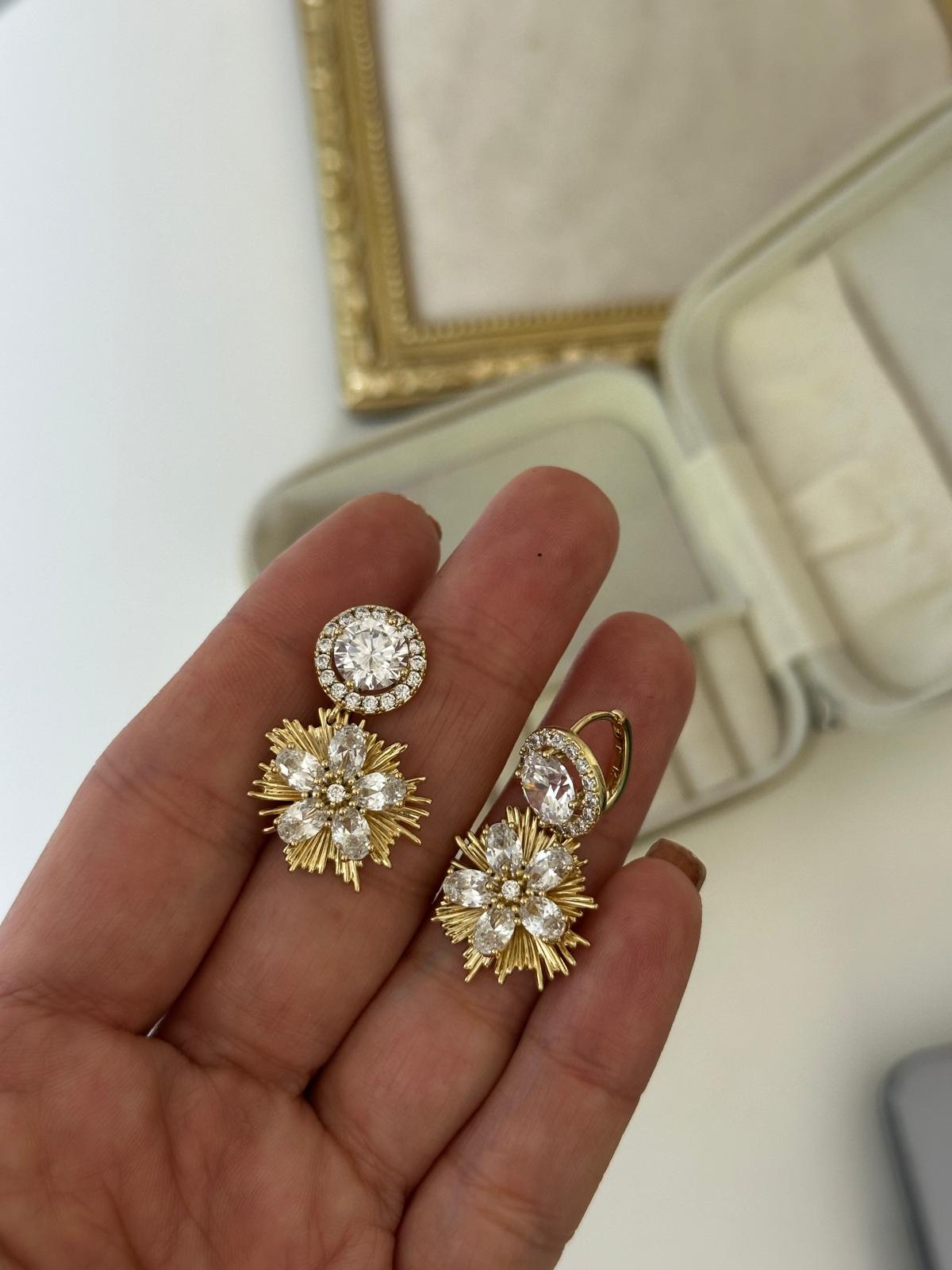 14K Gold Renkli Kristal Çiçek Full Taşlı Şık Küpe