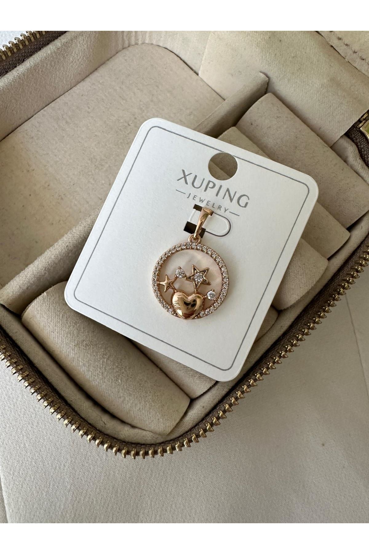 18K Rose Gold Renkli Kenarları Taşlı Halka İçi Kalp Yıldız Figürlü Kolye Ucu