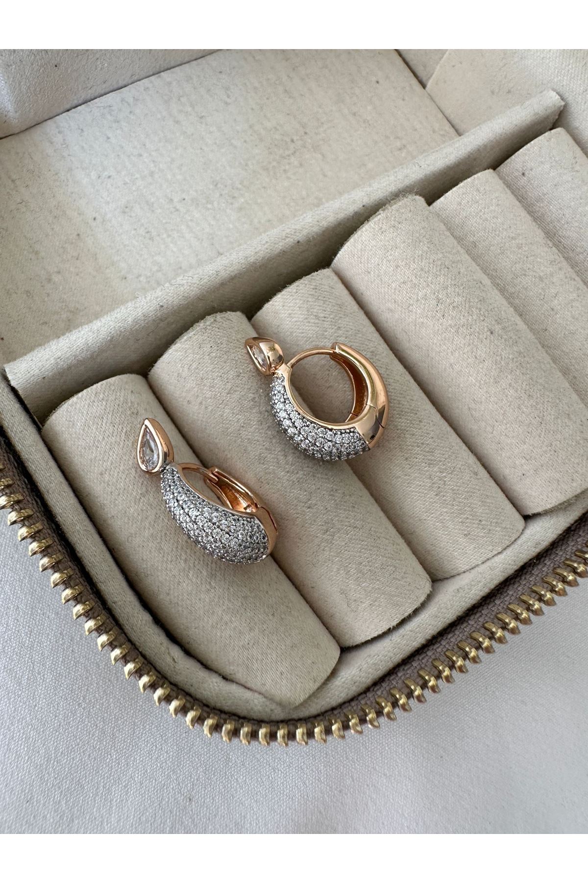 18K Rose Gold Renkli Halka Beyaz Damla Taşlı Küpe