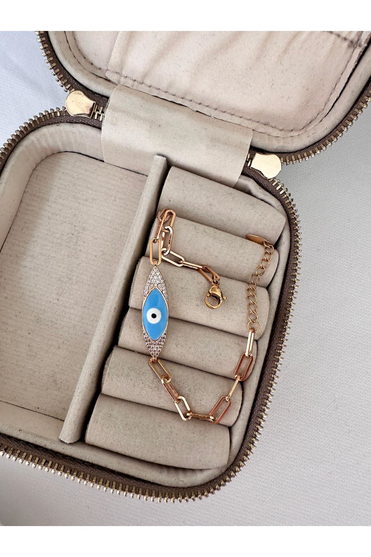 18K Rose Gold Renkli Nazarlı Ataç Zincirli Bileklik