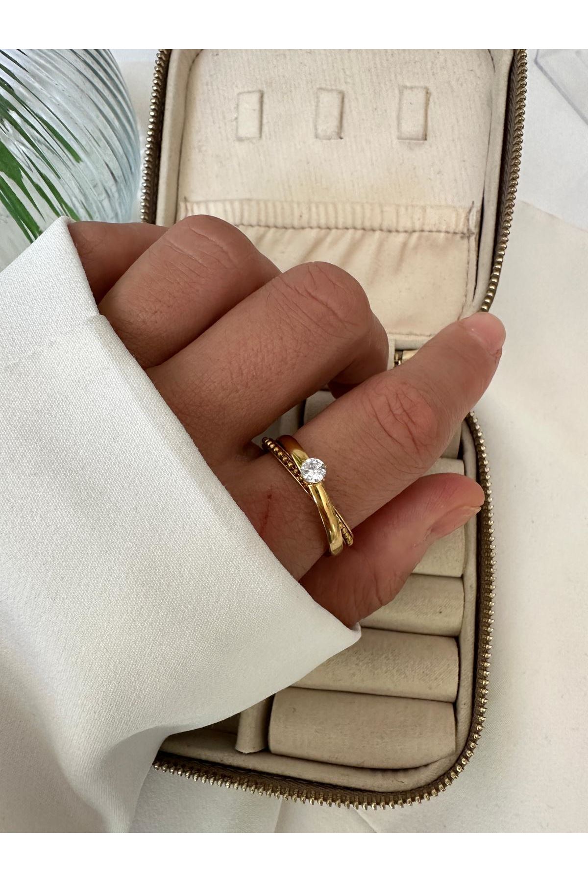 18K Rose Gold Renkli İkili Tek Taş Topçuklu Yüzük