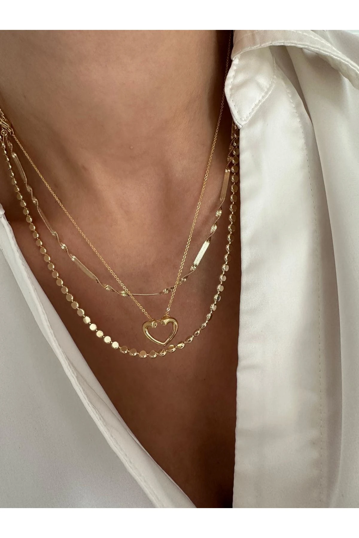 14K Gold Renkli  Kalp Yanları Yıldız Taşlı Kolye