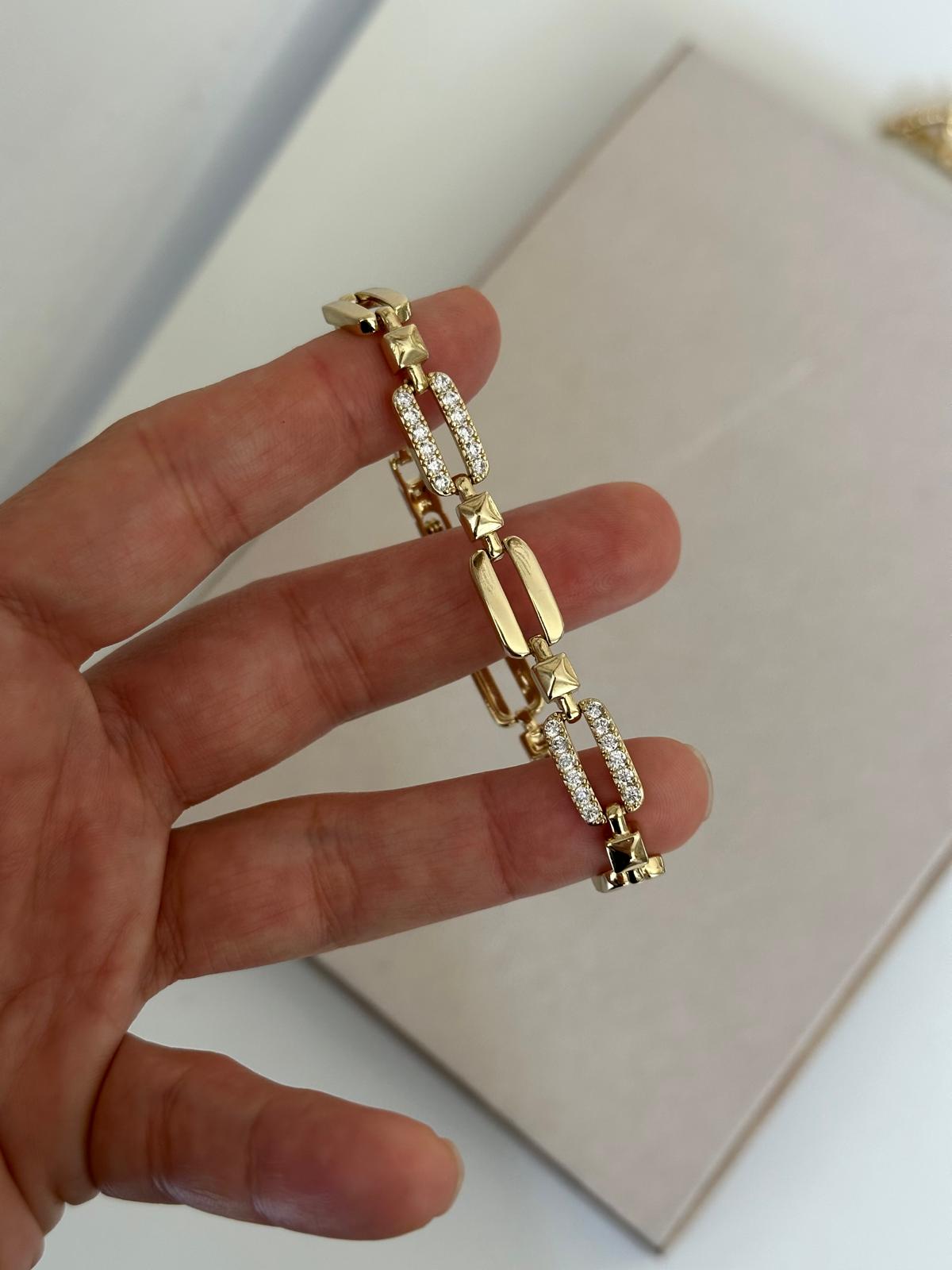 14K Gold Renkli Dikdörtgen Plaka Taşlı Kesim Kuyum Bileklik