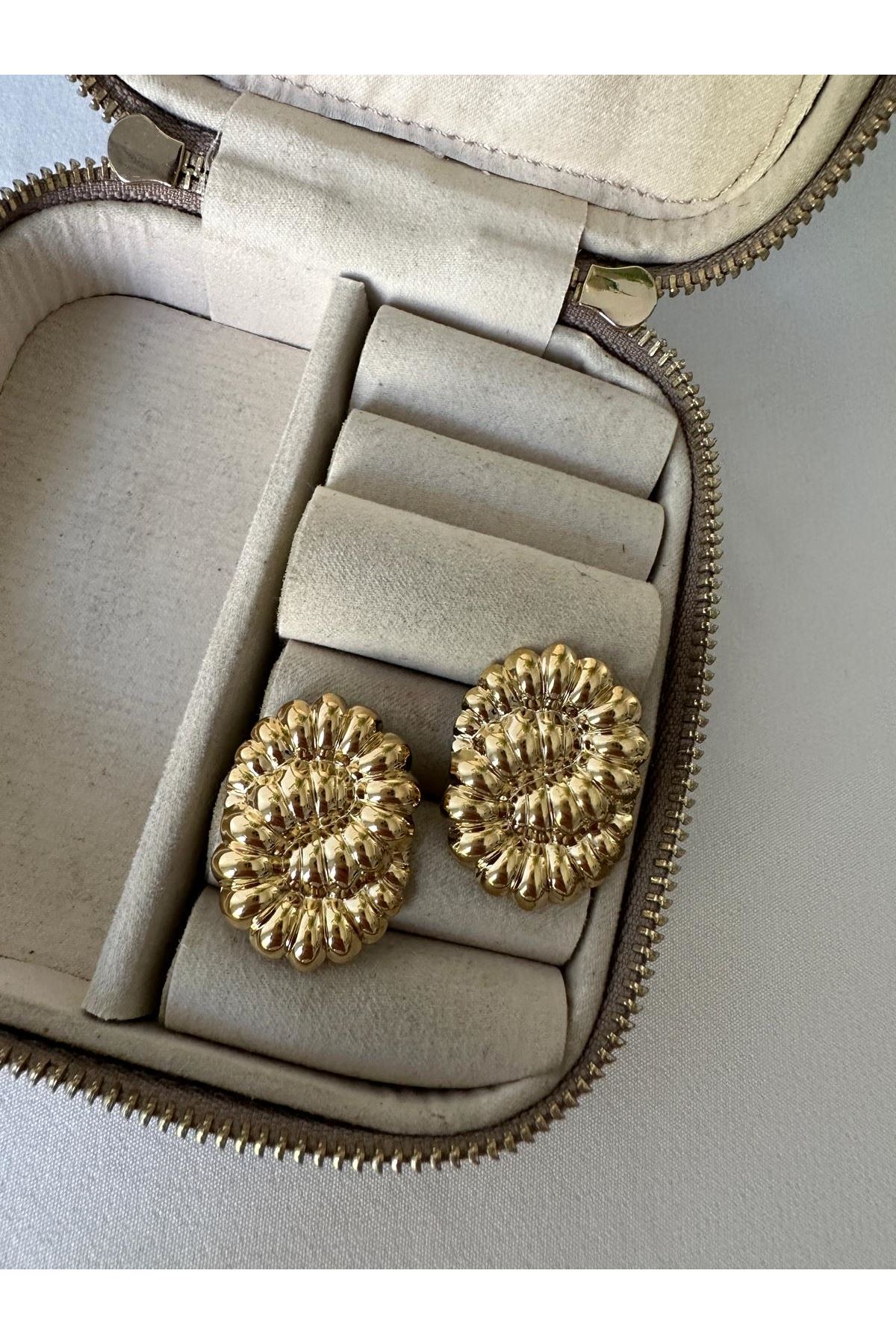 14K Rose Gold Renkli Çelik İkili Bakla Desen Sarmal Küpe